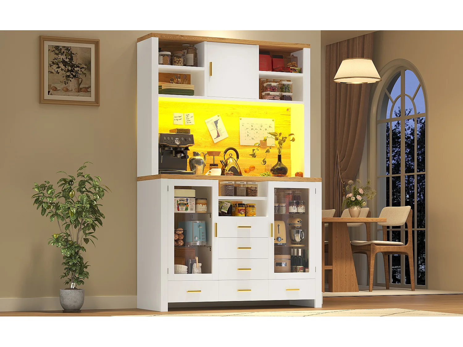 Credenza da cucina 120x188cm con LED, 6 cassetti e 3 ante, ripiani in vetro - bianco e legno