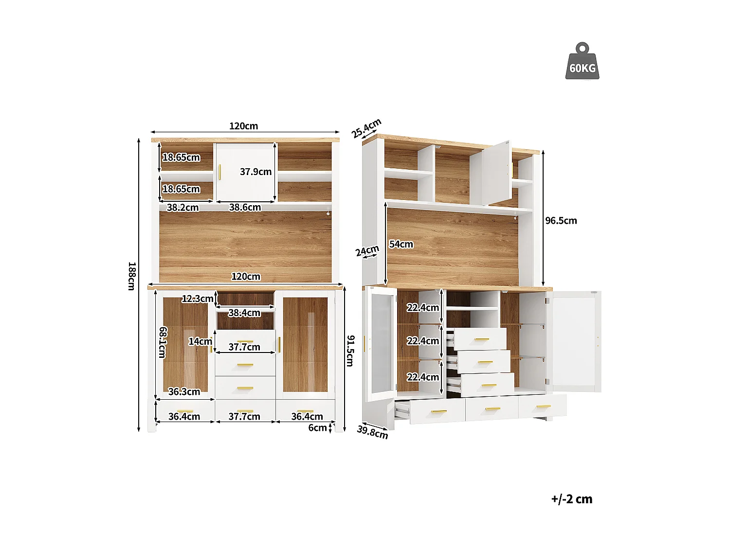 Credenza da cucina 120x188cm con LED, 6 cassetti e 3 ante, ripiani in vetro - bianco e legno