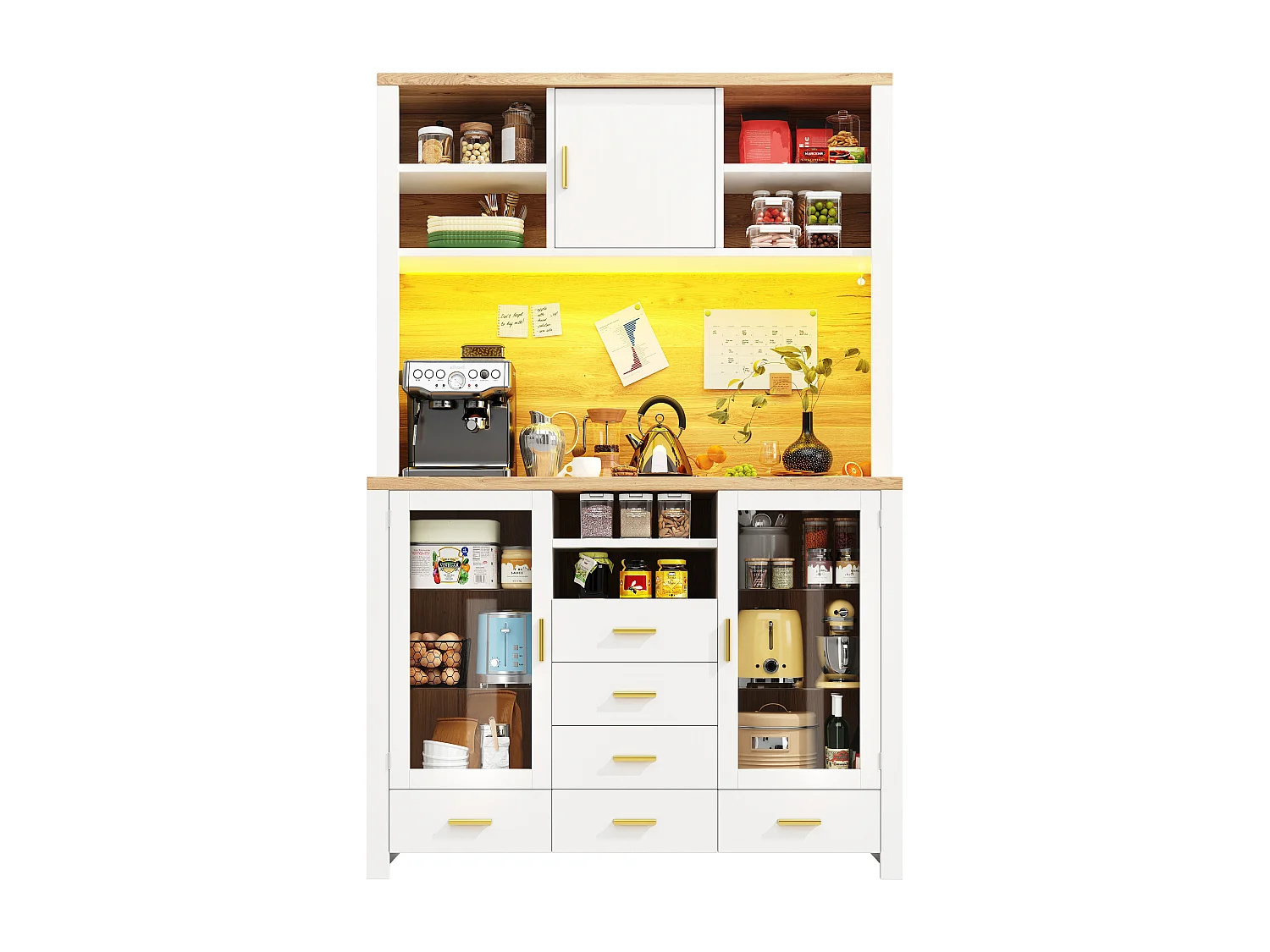 Credenza da cucina 120x188cm con LED, 6 cassetti e 3 ante, ripiani in vetro - bianco e legno