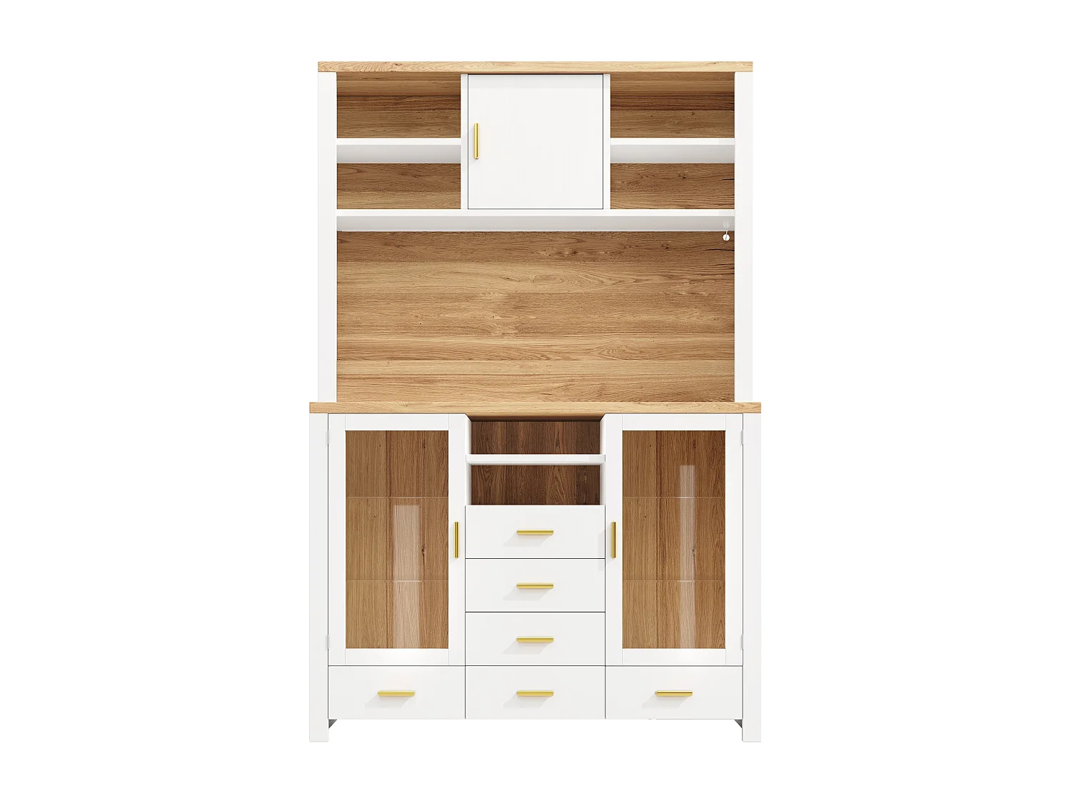 Credenza da cucina 120x188cm con LED, 6 cassetti e 3 ante, ripiani in vetro - bianco e legno