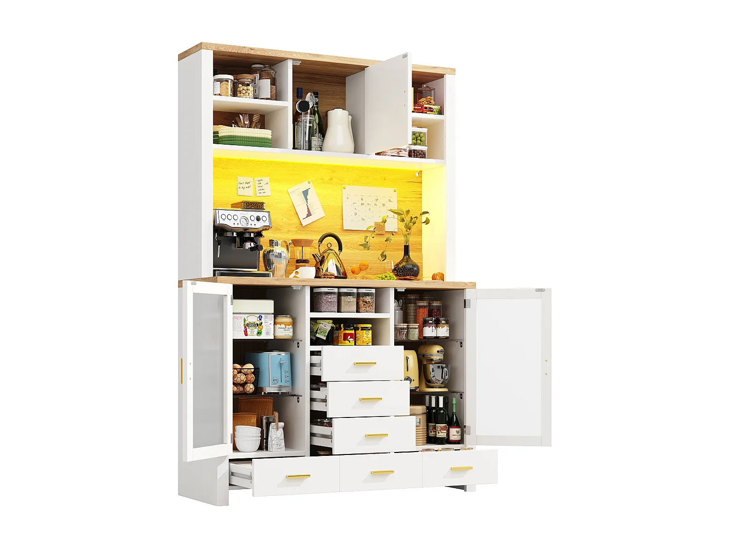 Credenza da cucina 120x188cm con LED, 6 cassetti e 3 ante, ripiani in vetro - bianco e legno