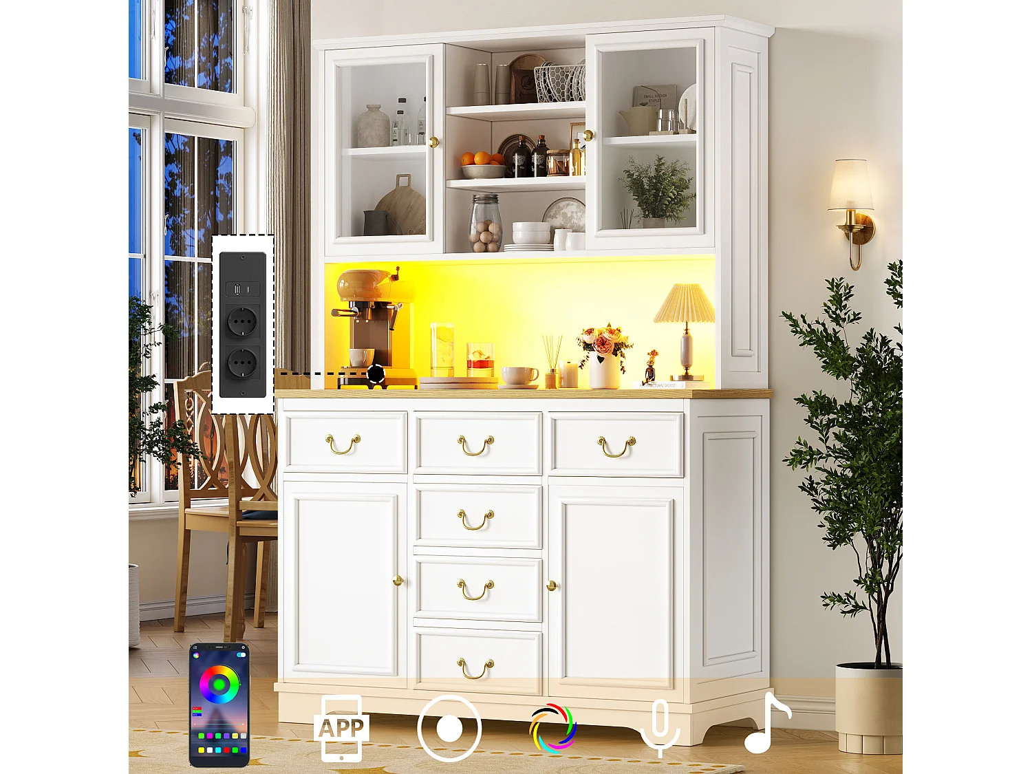 Credenza da cucina 118x180cm con LED, prese integrate, supporto per snack e vano per rifiuti - bianco