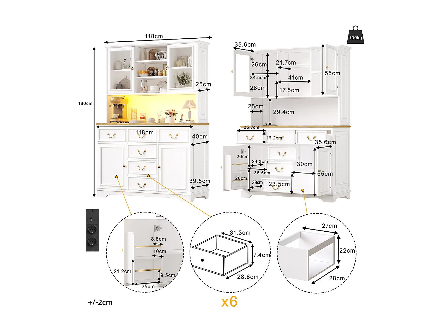Credenza da cucina 118x180cm con LED, prese integrate, supporto per snack e vano per rifiuti - bianco