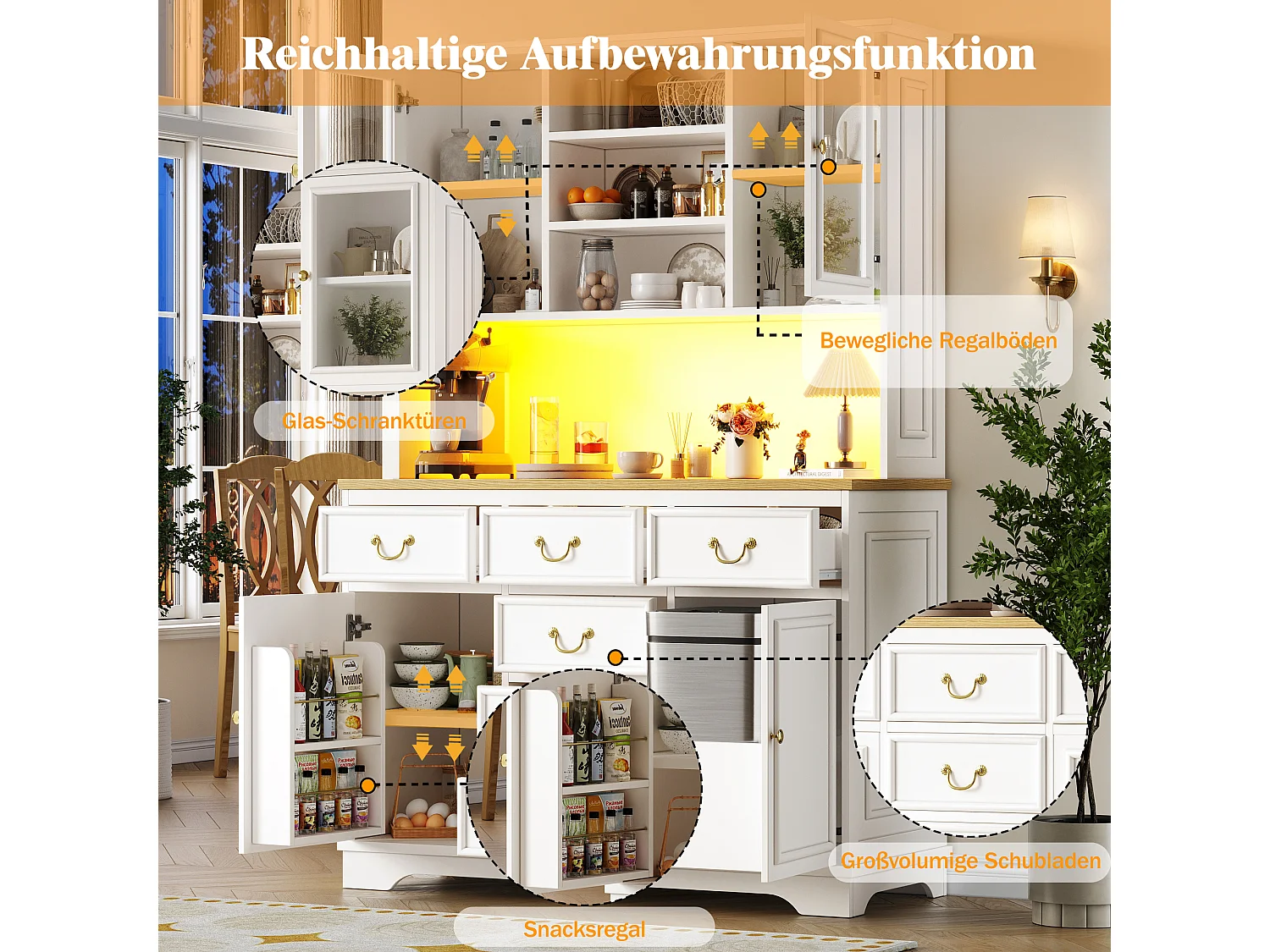 Credenza da cucina 118x180cm con LED, prese integrate, supporto per snack e vano per rifiuti - bianco