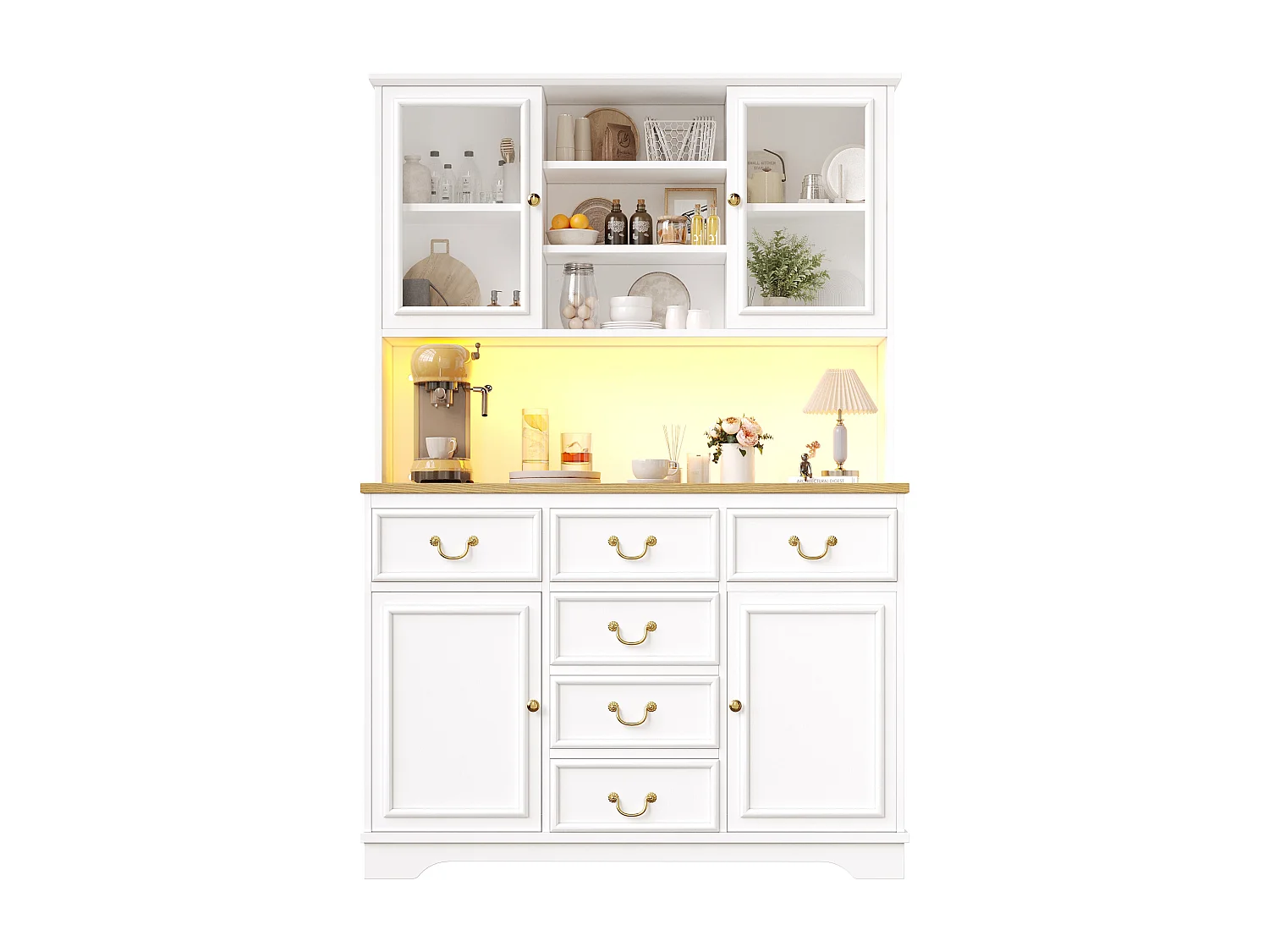 Credenza da cucina 118x180cm con LED, prese integrate, supporto per snack e vano per rifiuti - bianco