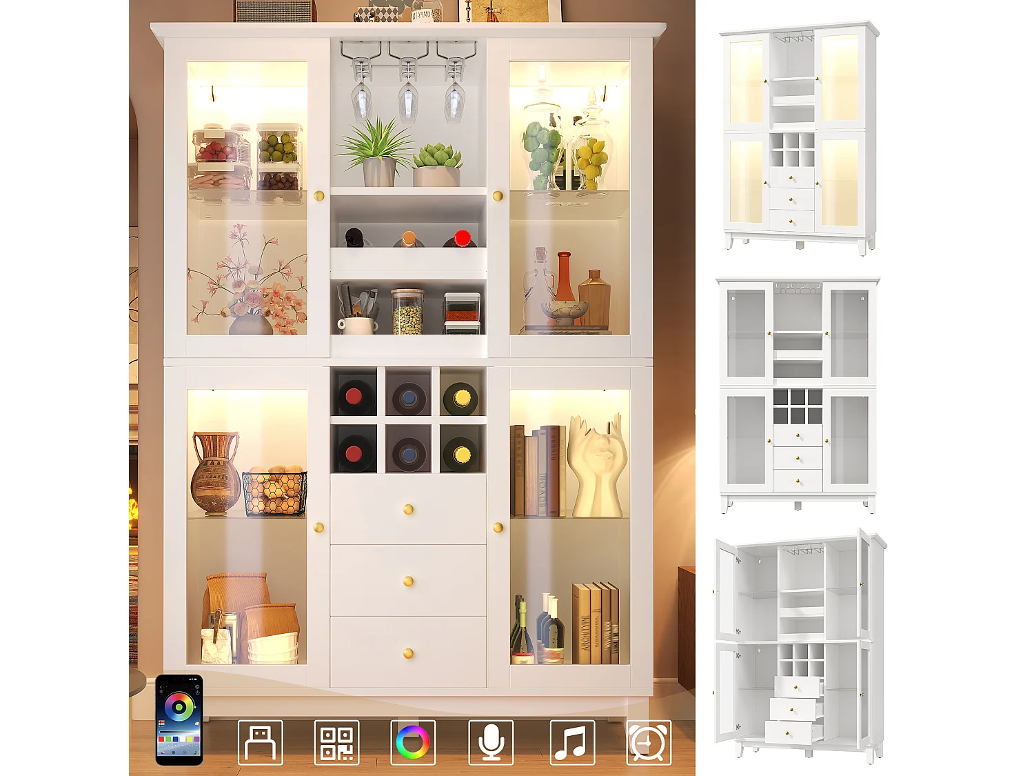 Buffet de Cuisine 120x180cm, Armoire à Vin avec LED, Porte-Verres, Casier à Bouteilles et 3 Tiroirs - Blanc