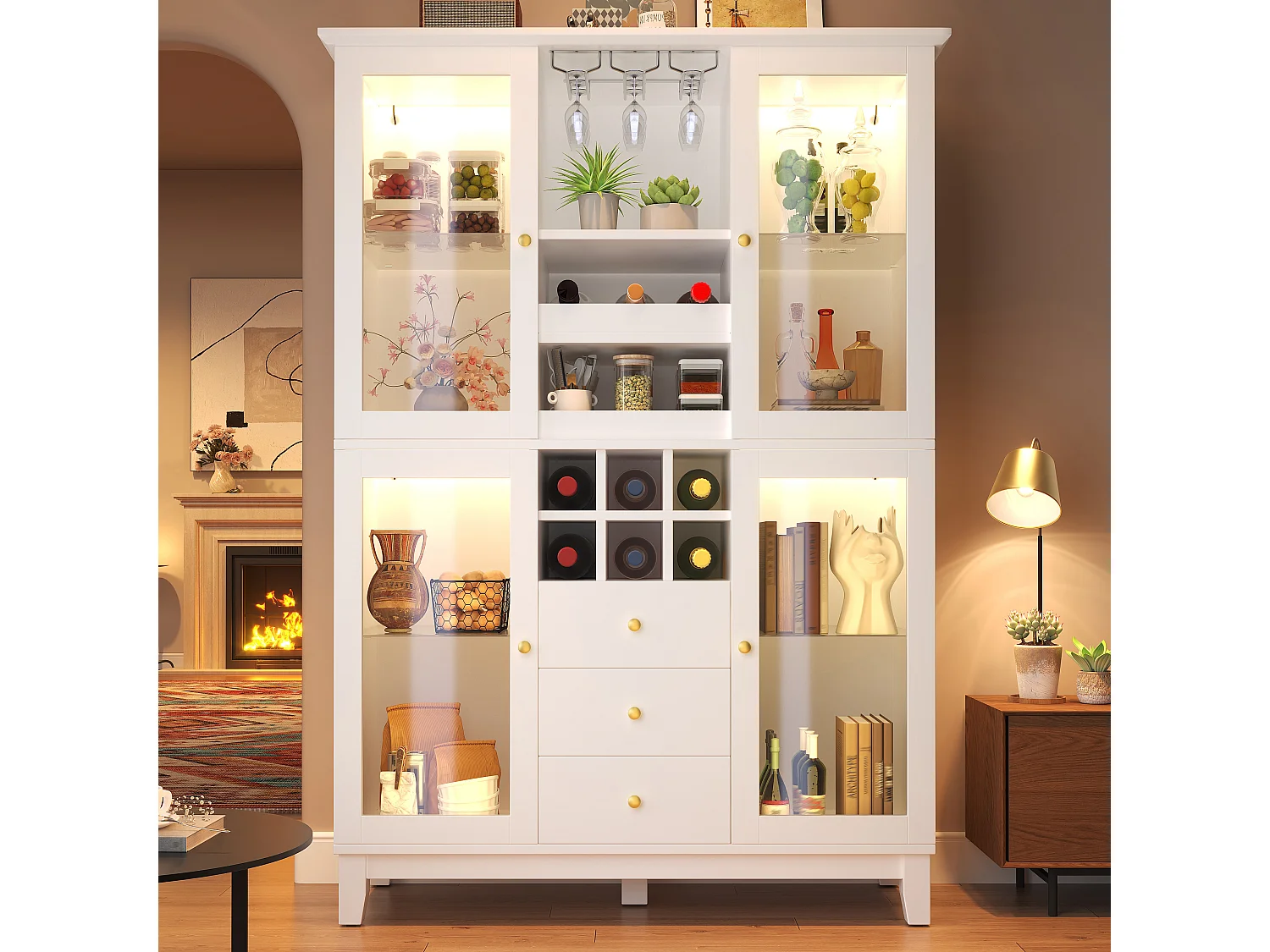 Buffet de Cuisine 120x180cm, Armoire à Vin avec LED, Porte-Verres, Casier à Bouteilles et 3 Tiroirs - Blanc