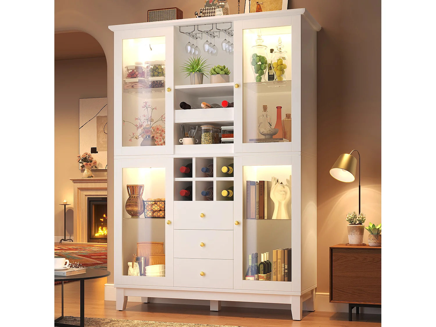 Buffet de Cuisine 120x180cm, Armoire à Vin avec LED, Porte-Verres, Casier à Bouteilles et 3 Tiroirs - Blanc
