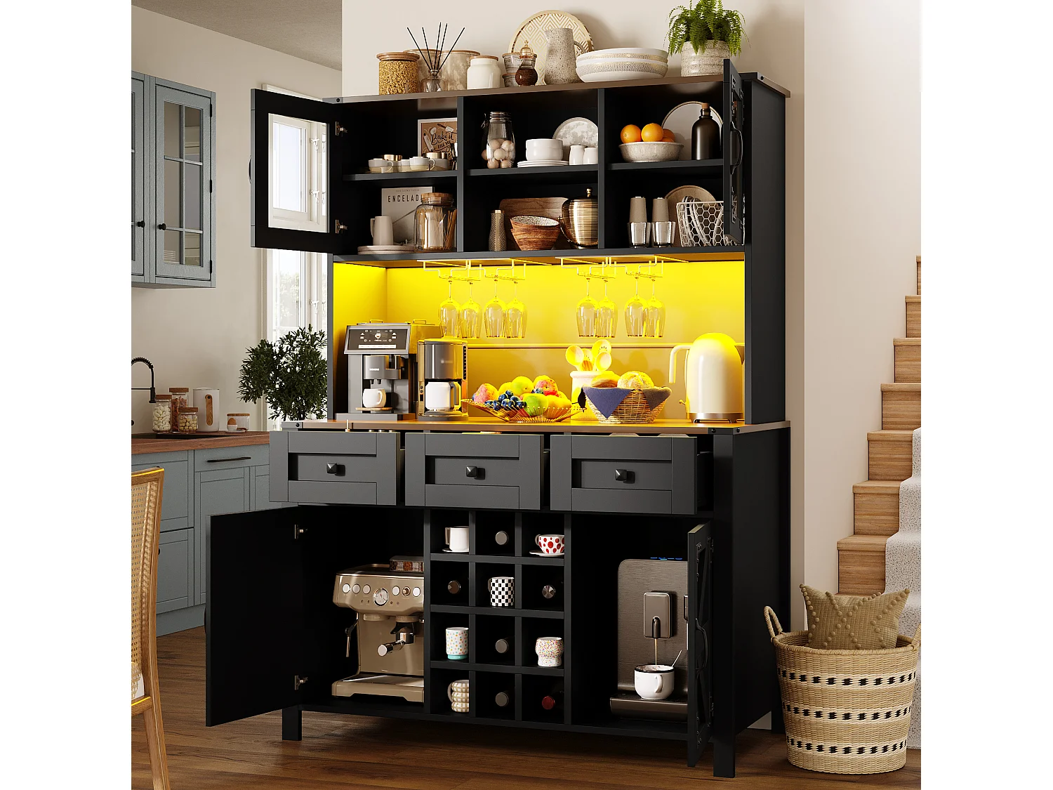 Mobile da cucina in stile buffet con porte USB - Mobile alto con illuminazione a LED, portabicchiere, 4 ante e 3 cassetti - Nero