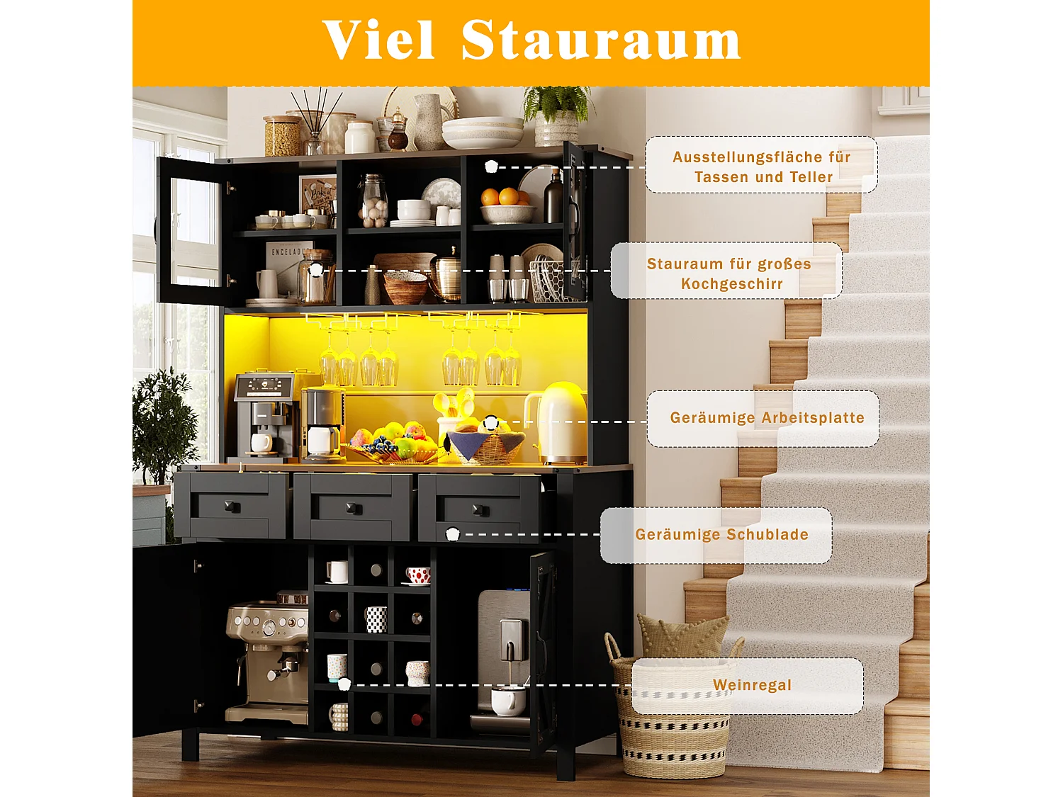 Mobile da cucina in stile buffet con porte USB - Mobile alto con illuminazione a LED, portabicchiere, 4 ante e 3 cassetti - Nero