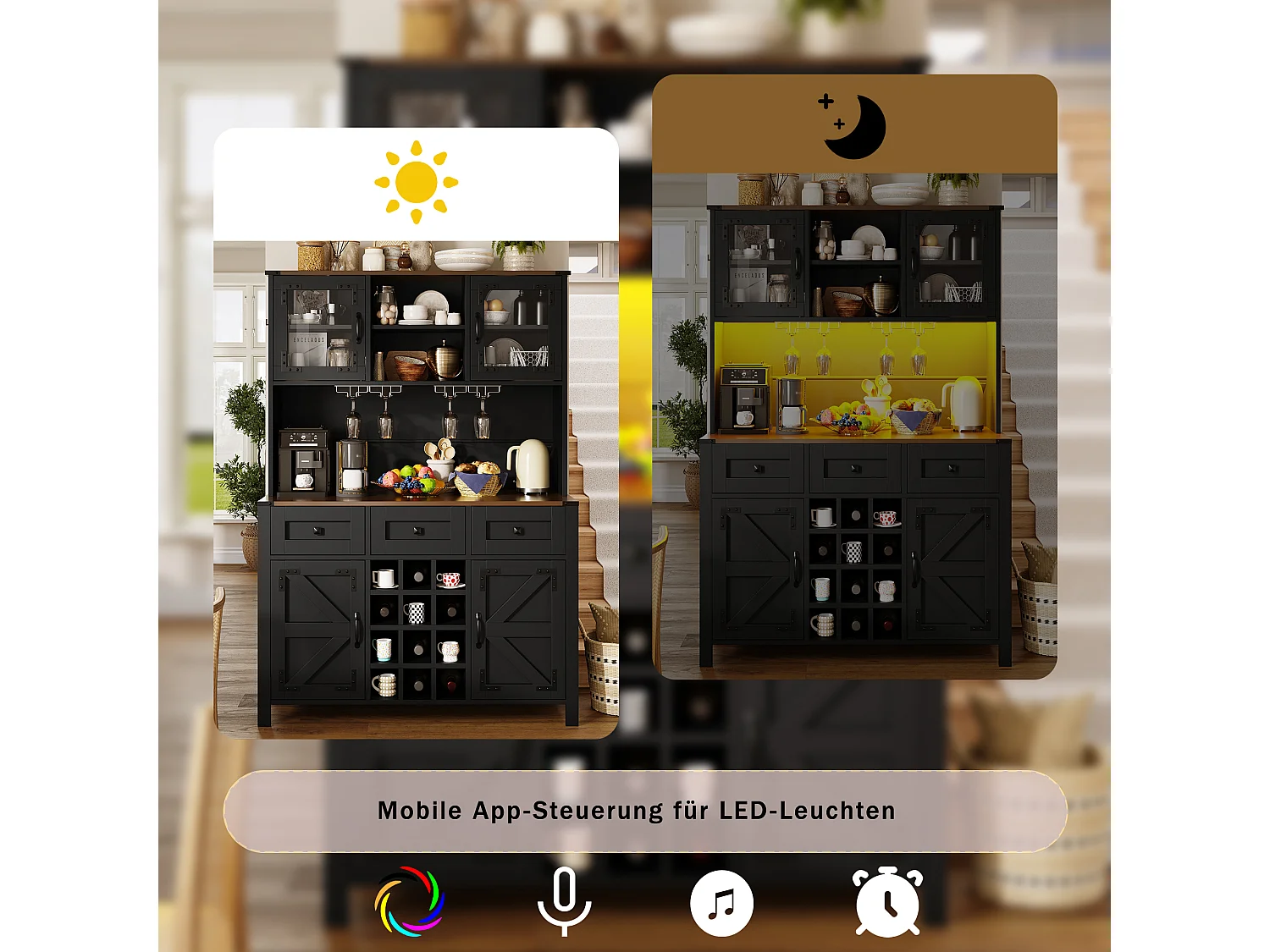 Mobile da cucina in stile buffet con porte USB - Mobile alto con illuminazione a LED, portabicchiere, 4 ante e 3 cassetti - Nero