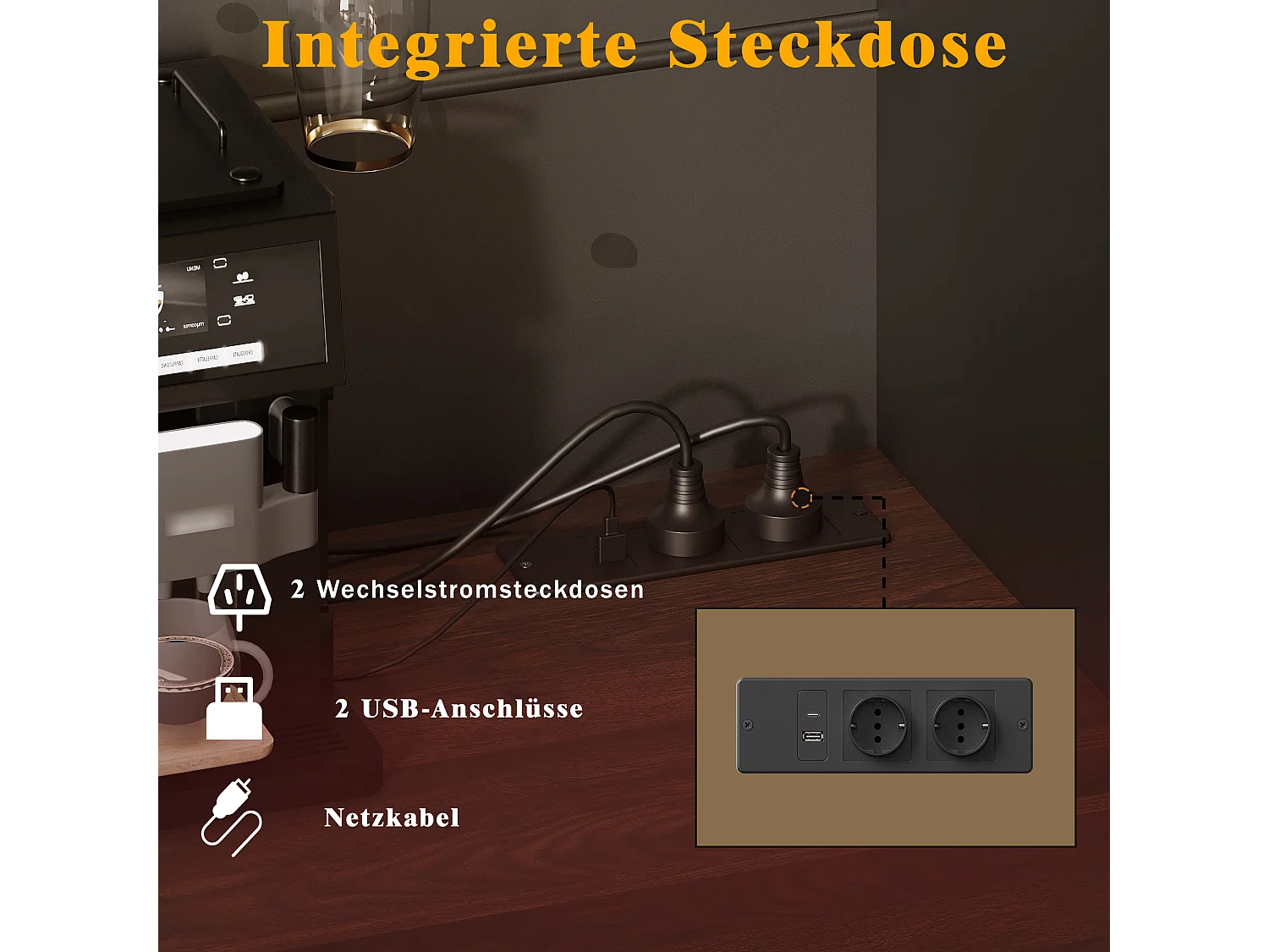 Mobile da cucina in stile buffet con porte USB - Mobile alto con illuminazione a LED, portabicchiere, 4 ante e 3 cassetti - Nero