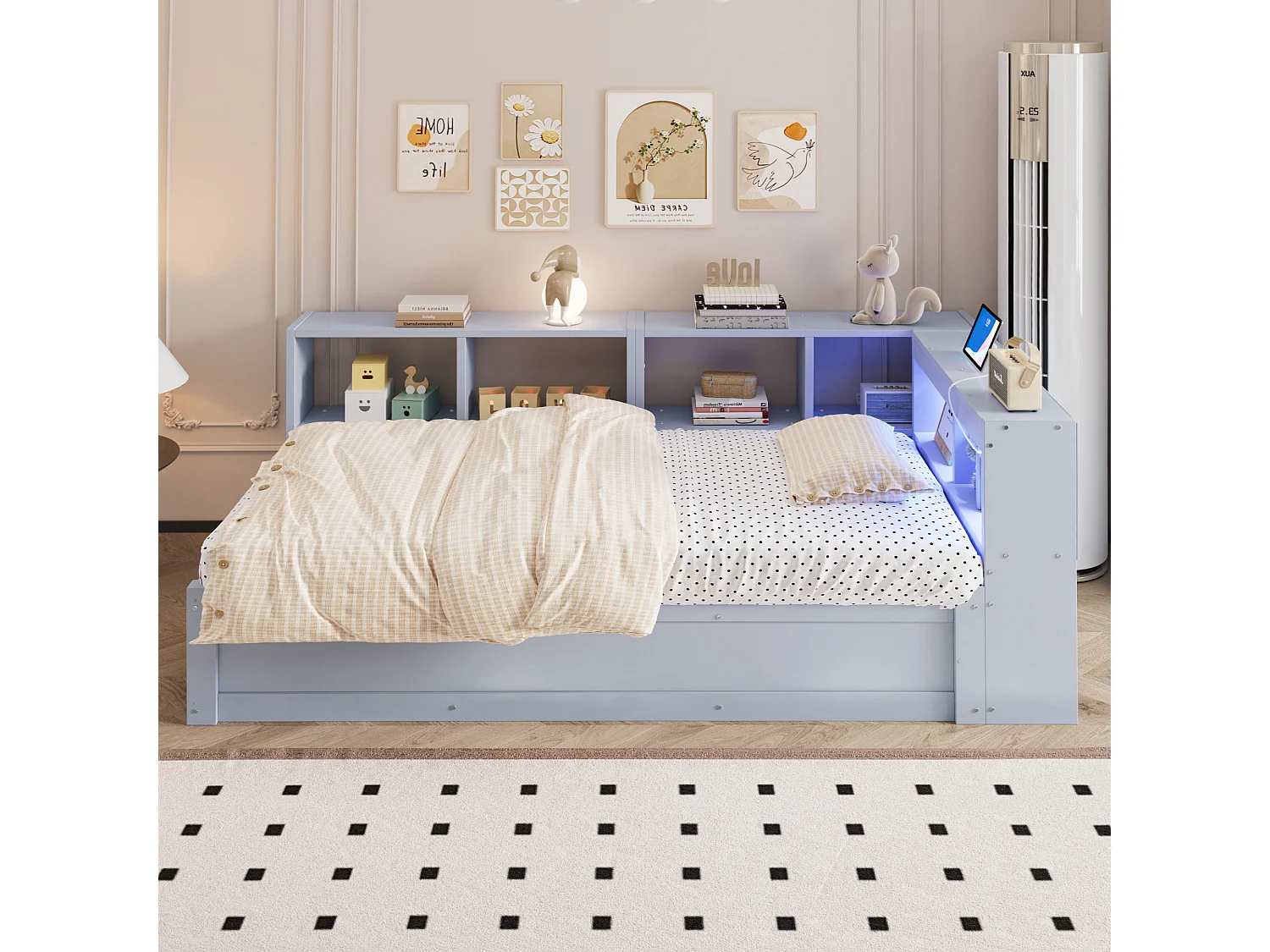 Slaapbank 90 × 200 cm - met stopcontact - met opbergvakken - met LED-verlichting - grijs (matras niet inbegrepen)