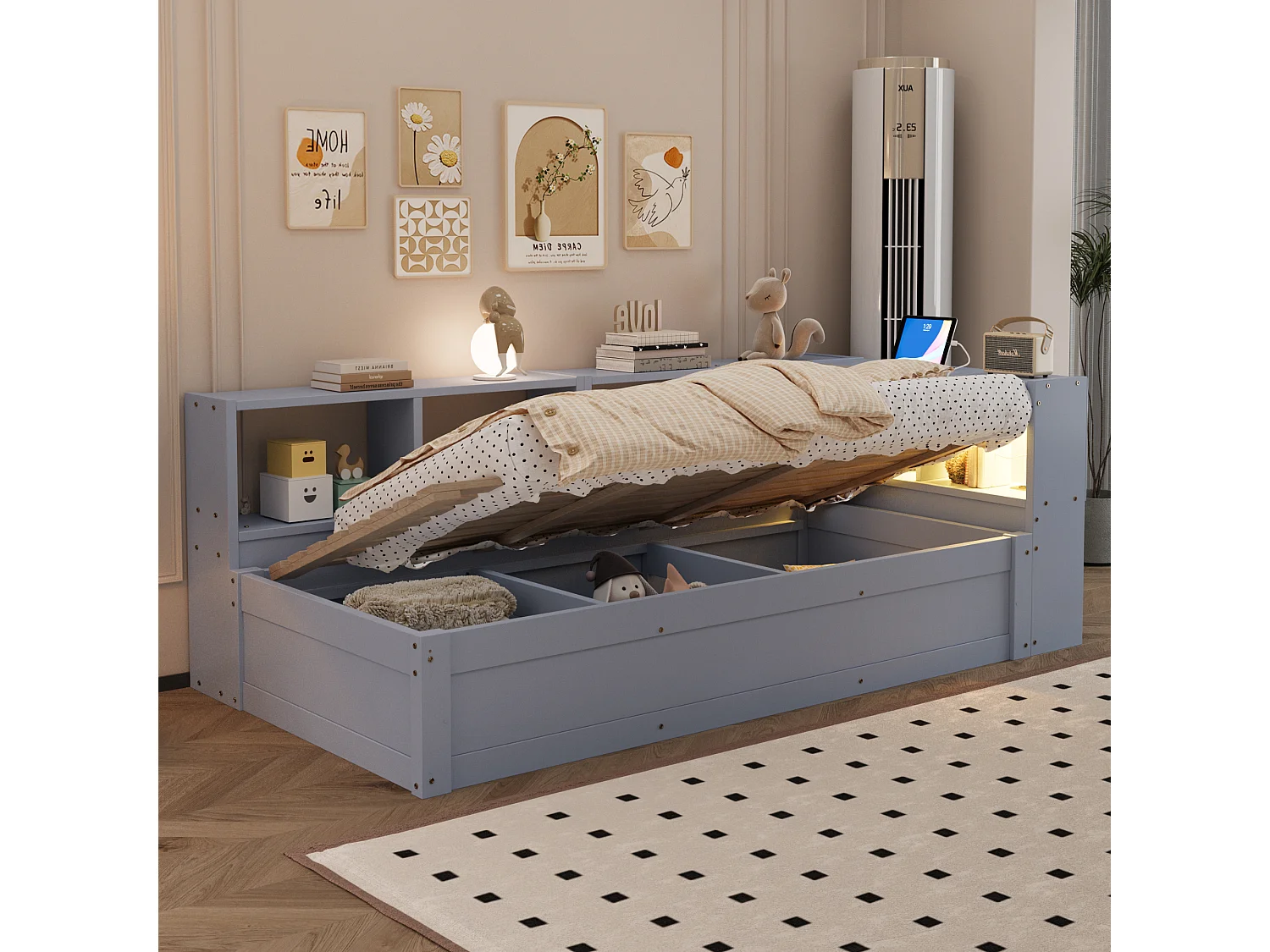 Slaapbank 90 × 200 cm - met stopcontact - met opbergvakken - met LED-verlichting - grijs (matras niet inbegrepen)