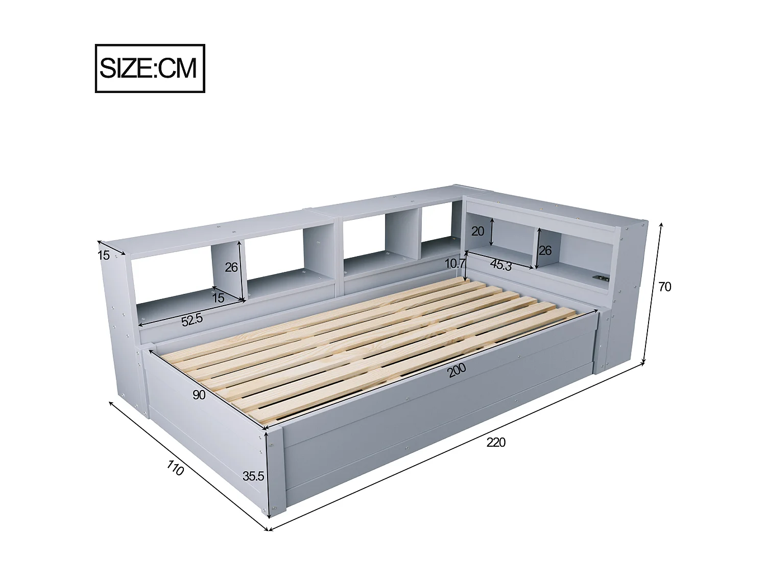 Slaapbank 90 × 200 cm - met stopcontact - met opbergvakken - met LED-verlichting - grijs (matras niet inbegrepen)