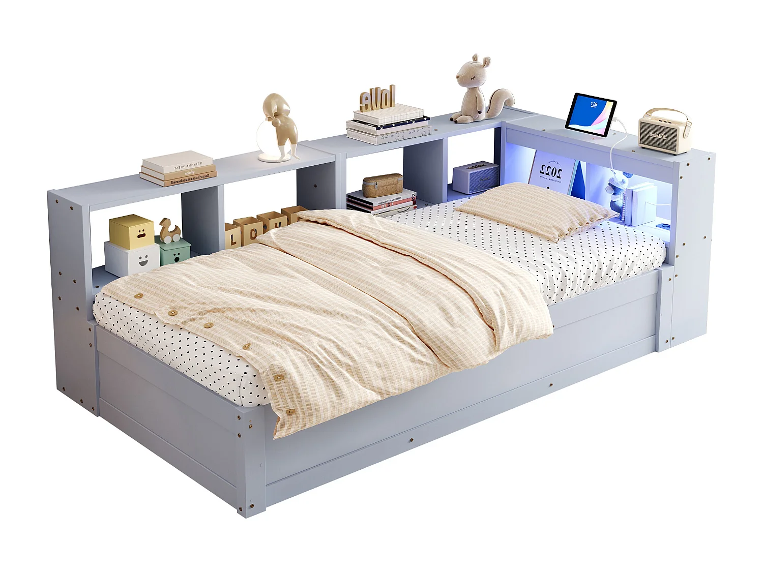 Slaapbank 90 × 200 cm - met stopcontact - met opbergvakken - met LED-verlichting - grijs (matras niet inbegrepen)