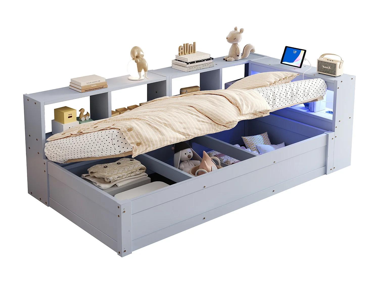 Slaapbank 90 × 200 cm - met stopcontact - met opbergvakken - met LED-verlichting - grijs (matras niet inbegrepen)