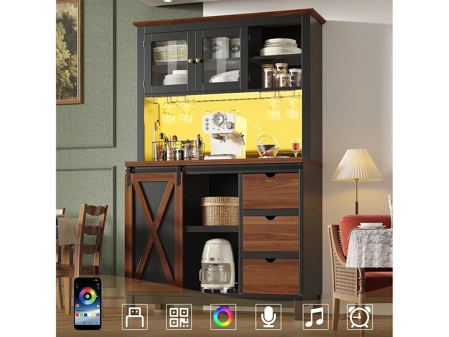 Credenza da cucina intelligente 104x180cm con LED - armadio alto con porta scorrevole in stile fienile, 3 cassetti - marrone