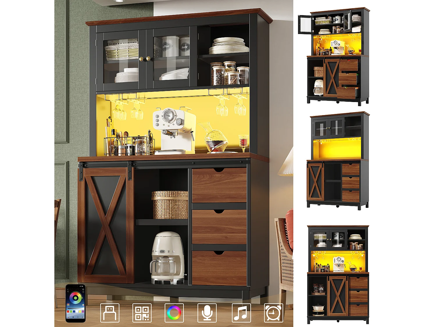 Credenza da cucina intelligente 104x180cm con LED - armadio alto con porta scorrevole in stile fienile, 3 cassetti - marrone