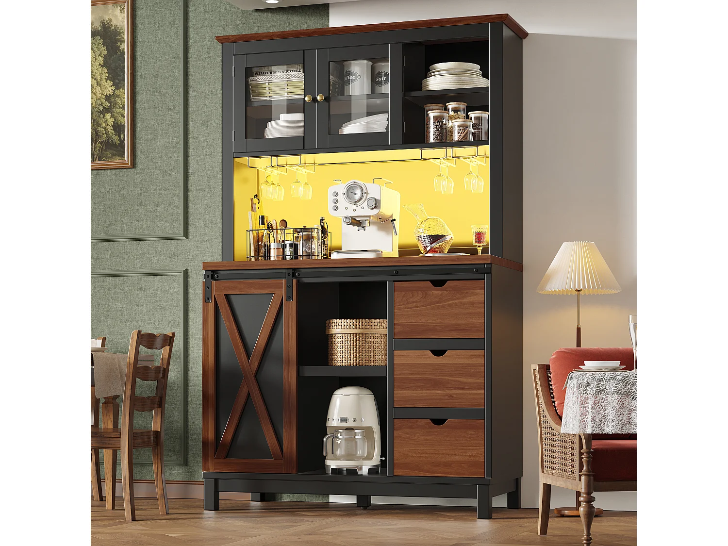 Credenza da cucina intelligente 104x180cm con LED - armadio alto con porta scorrevole in stile fienile, 3 cassetti - marrone
