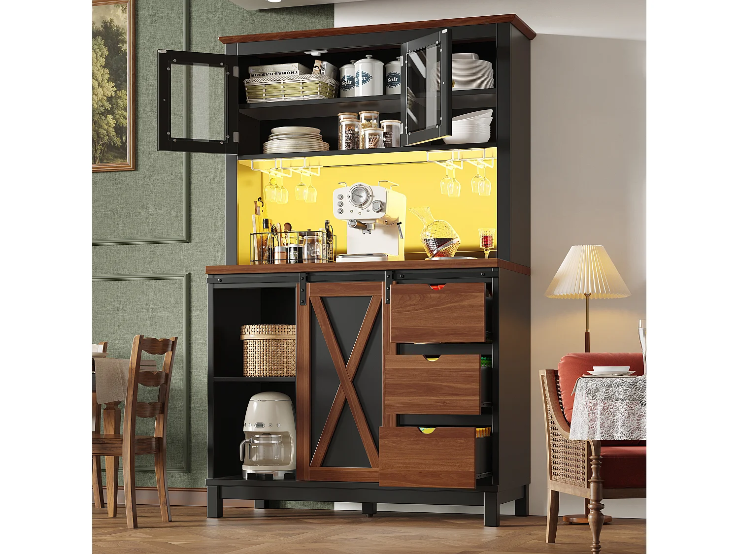 Credenza da cucina intelligente 104x180cm con LED - armadio alto con porta scorrevole in stile fienile, 3 cassetti - marrone