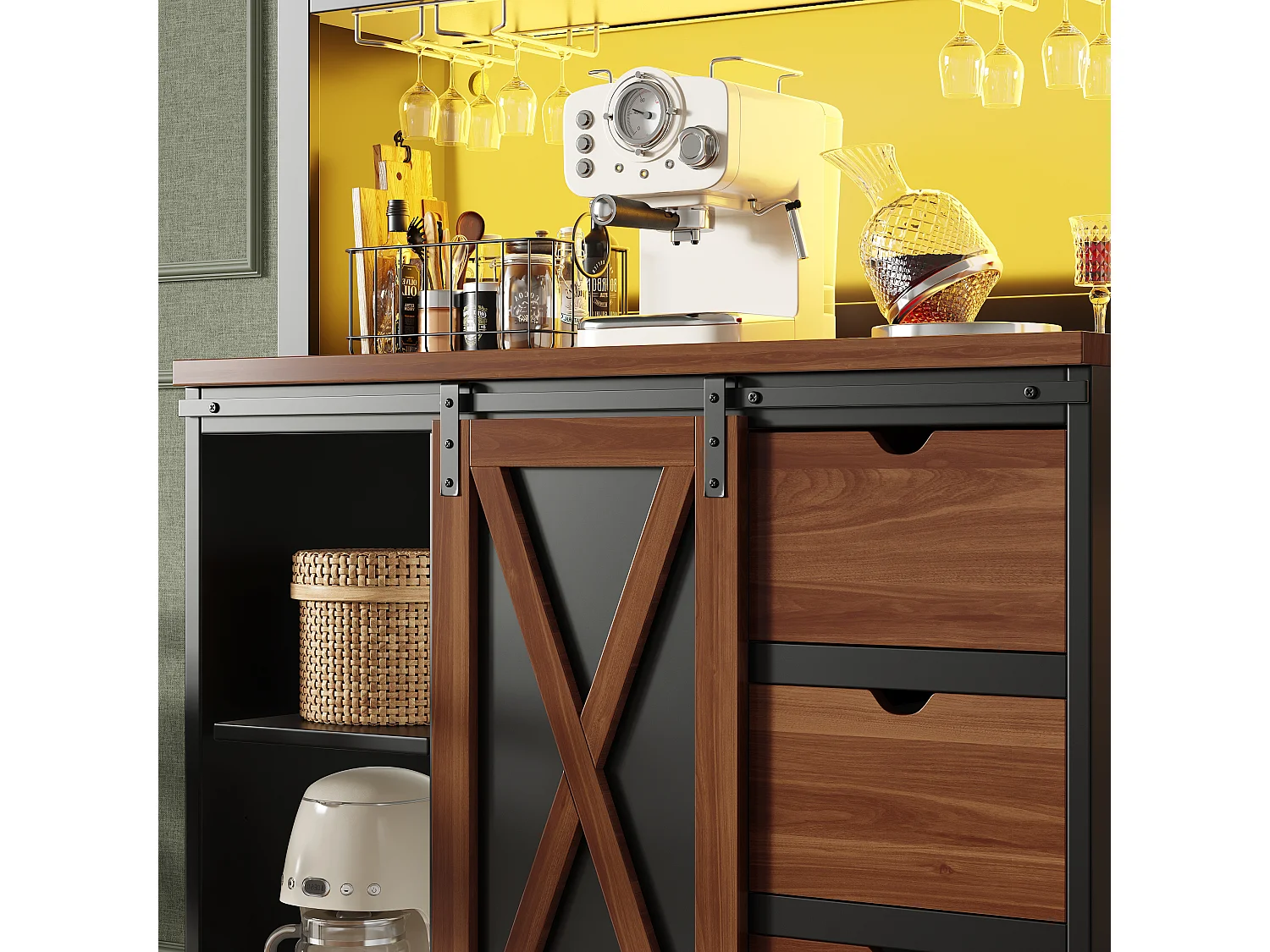 Credenza da cucina intelligente 104x180cm con LED - armadio alto con porta scorrevole in stile fienile, 3 cassetti - marrone