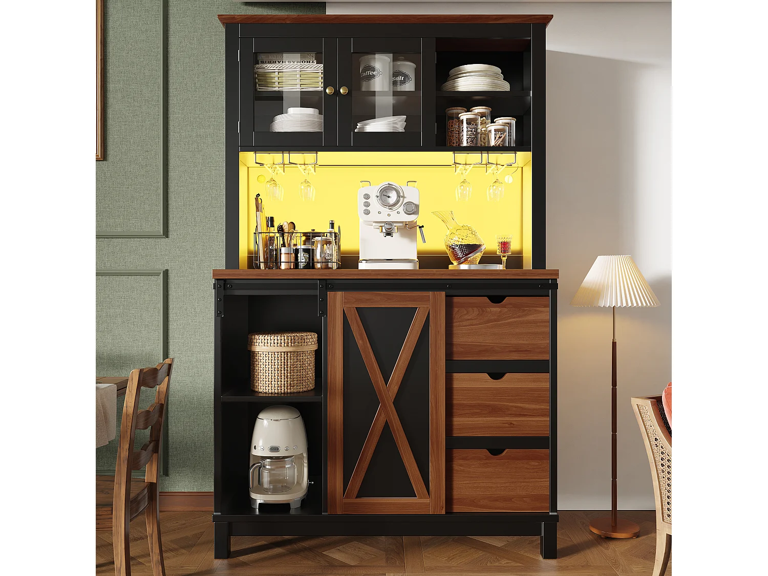 Credenza da cucina intelligente 104x180cm con LED - armadio alto con porta scorrevole in stile fienile, 3 cassetti - marrone