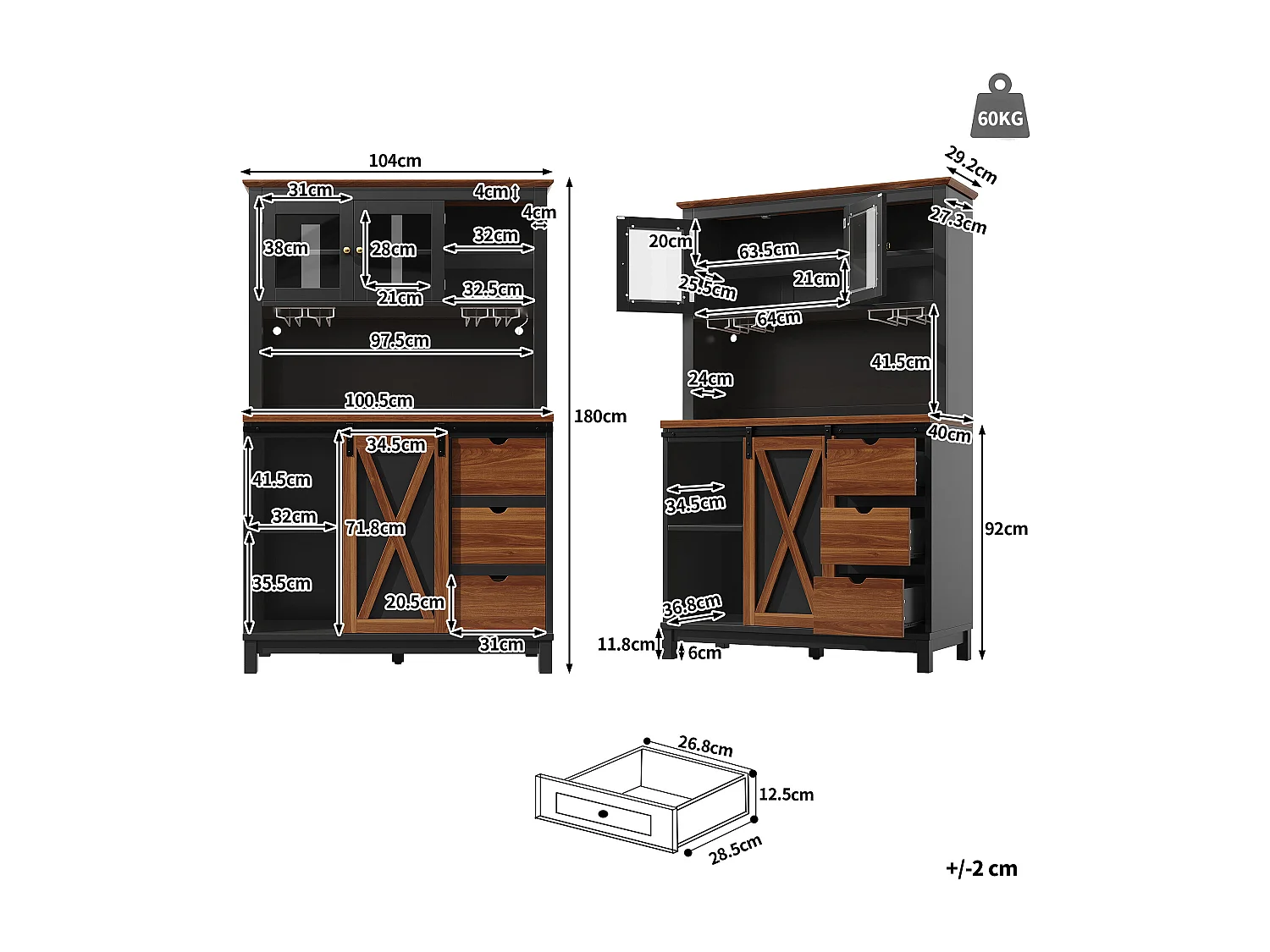 Credenza da cucina intelligente 104x180cm con LED - armadio alto con porta scorrevole in stile fienile, 3 cassetti - marrone