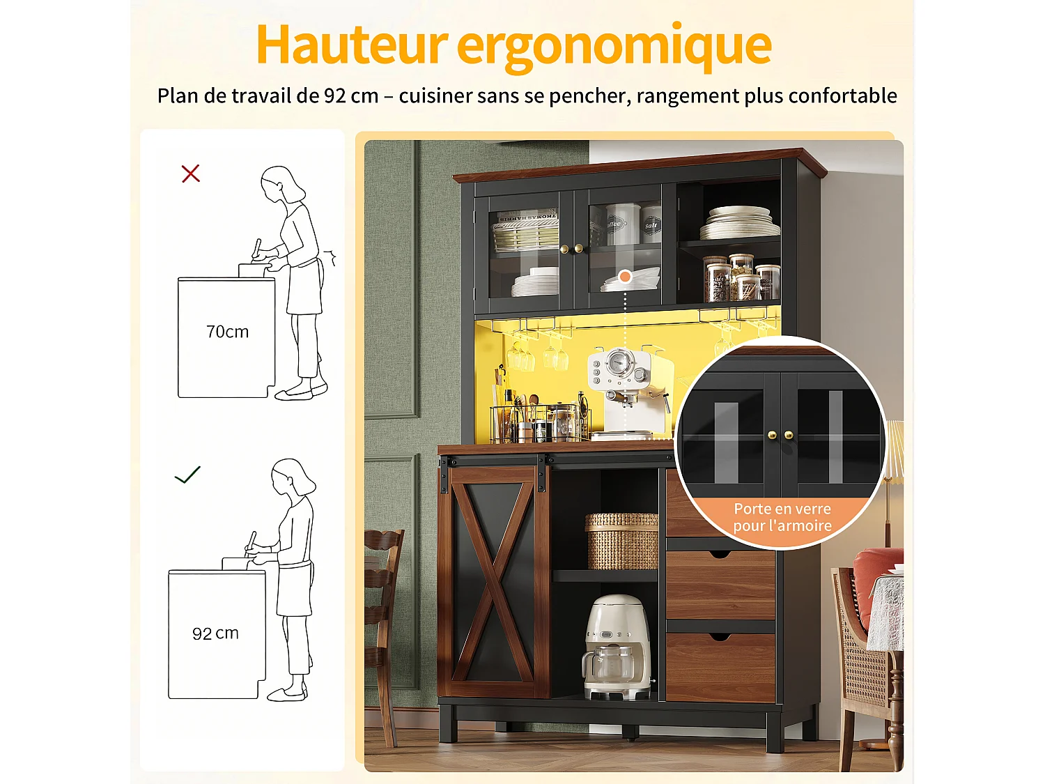 Credenza da cucina intelligente 104x180cm con LED - armadio alto con porta scorrevole in stile fienile, 3 cassetti - marrone