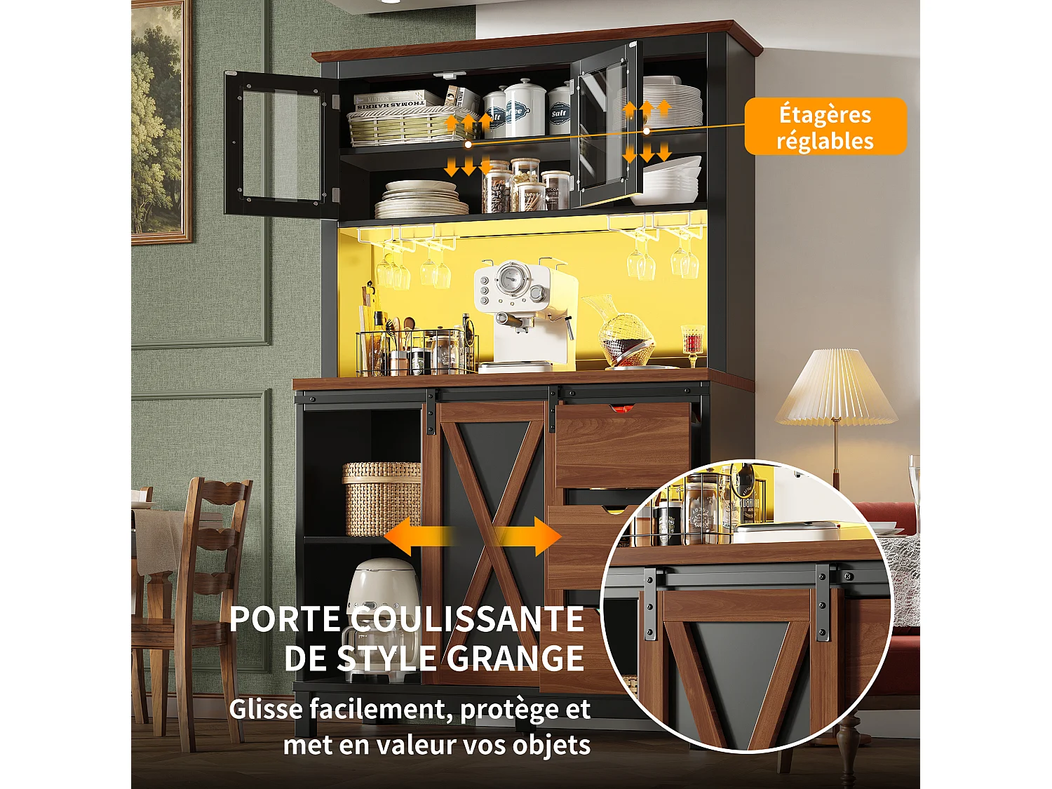 Credenza da cucina intelligente 104x180cm con LED - armadio alto con porta scorrevole in stile fienile, 3 cassetti - marrone