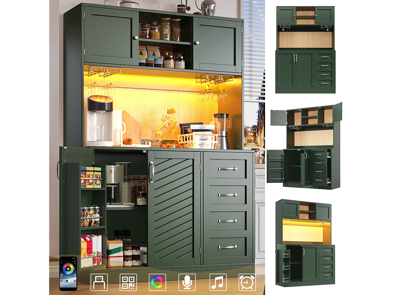 Credenza da cucina 120x188cm con LED, supporto per bevande e snack, 4 ante e 2 cassetti spaziosi - verde