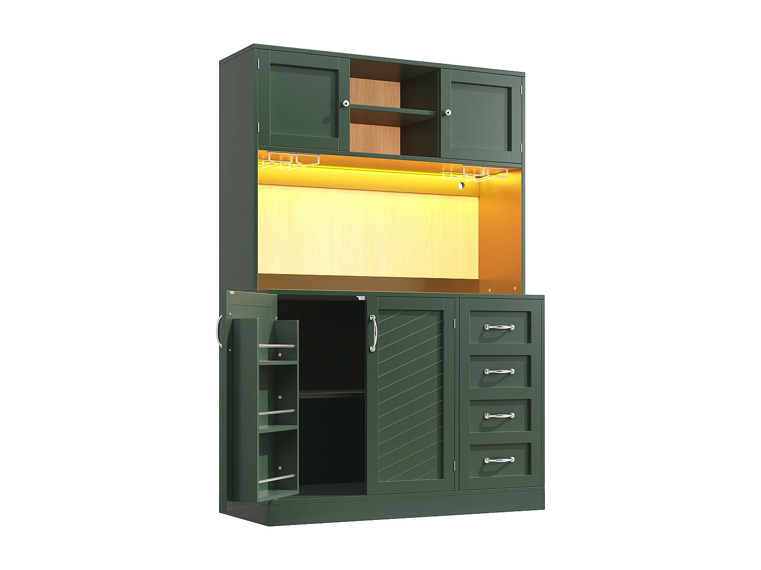 Credenza da cucina 120x188cm con LED, supporto per bevande e snack, 4 ante e 2 cassetti spaziosi - verde