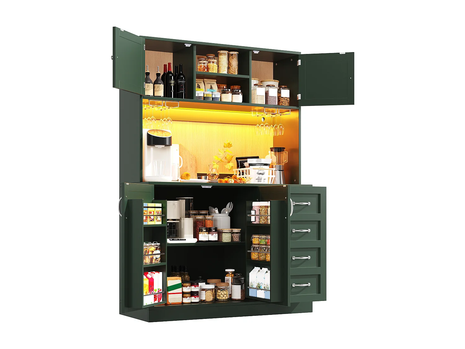 Credenza da cucina 120x188cm con LED, supporto per bevande e snack, 4 ante e 2 cassetti spaziosi - verde