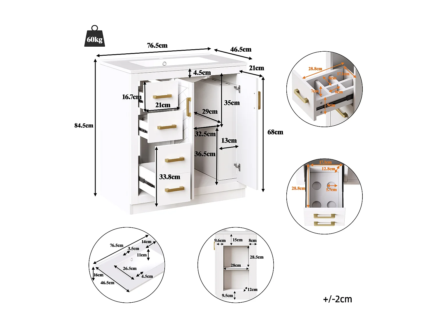 Badkamermeubel set 76,5cm met keramische wastafel - 3 lades, planken en soft-close deuren - wit