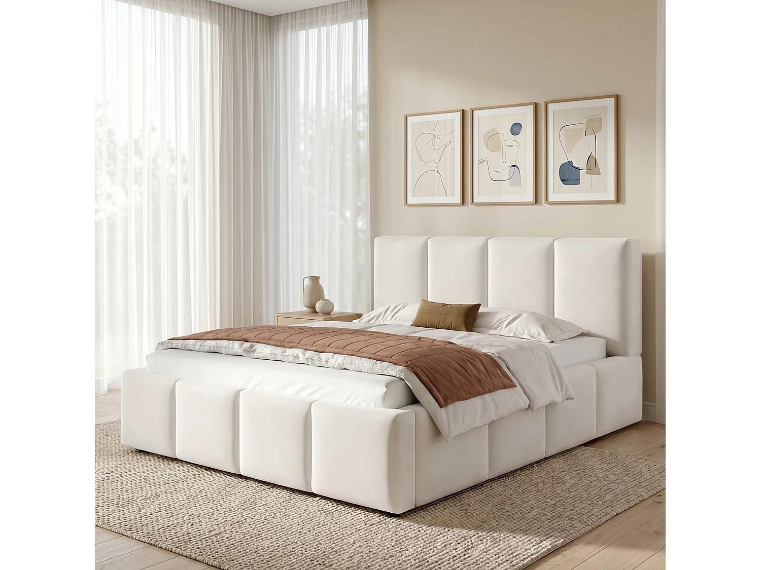 Cama doble tapizada 160x200 cm - con somier de láminas - tela chenilla - beige (colchón no incluido)