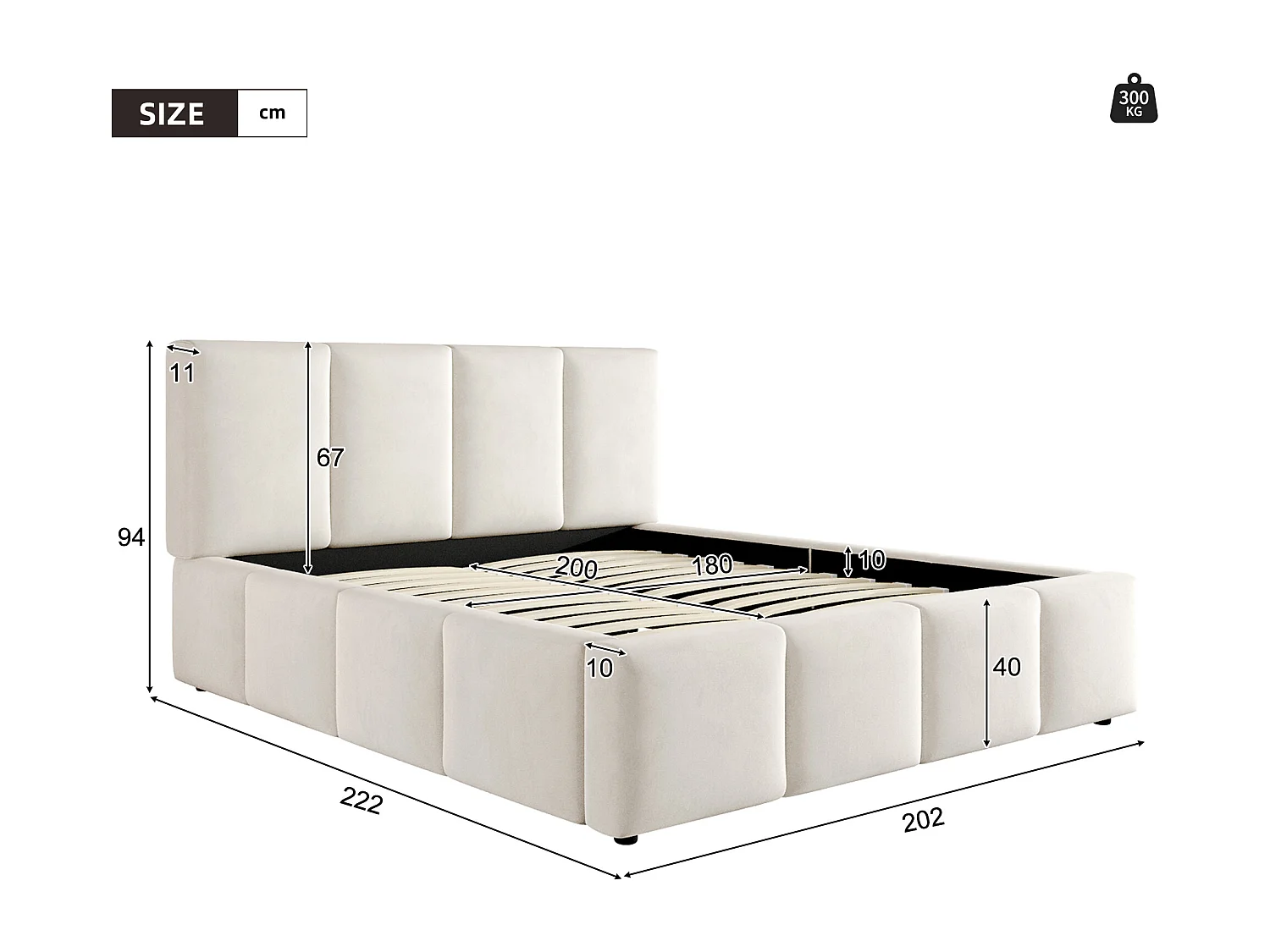Cama doble tapizada 160x200 cm - con somier de láminas - tela chenilla - beige (colchón no incluido)