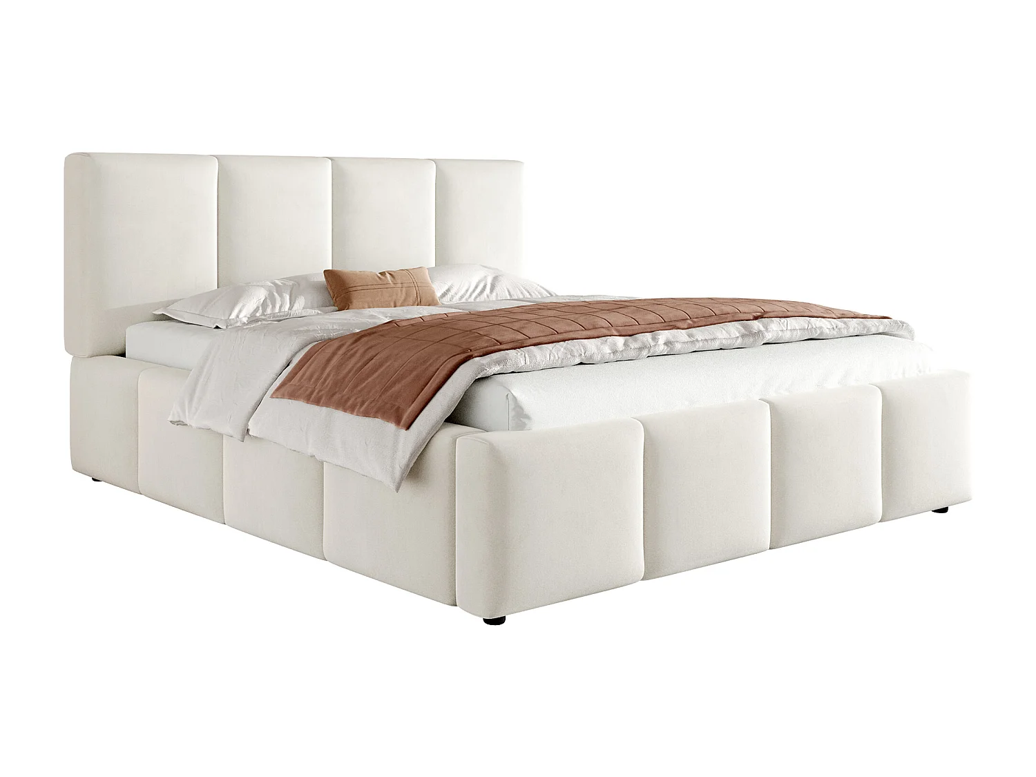 Cama doble tapizada 160x200 cm - con somier de láminas - tela chenilla - beige (colchón no incluido)