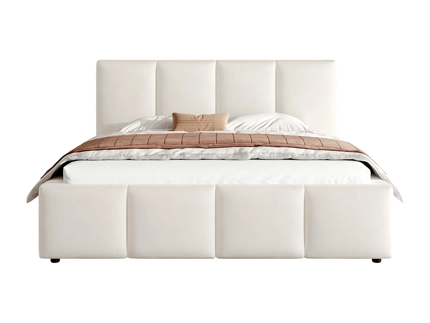 Cama doble tapizada 160x200 cm - con somier de láminas - tela chenilla - beige (colchón no incluido)