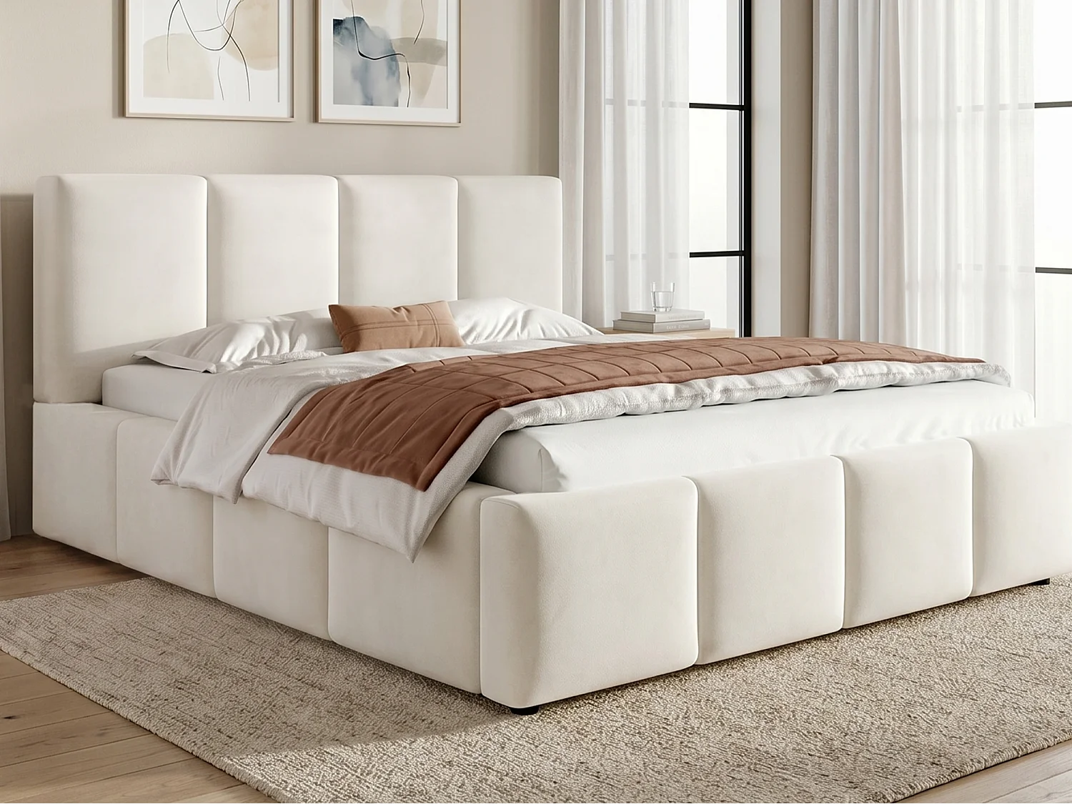 Cama doble tapizada 160x200 cm - con somier de láminas - tela chenilla - beige (colchón no incluido)