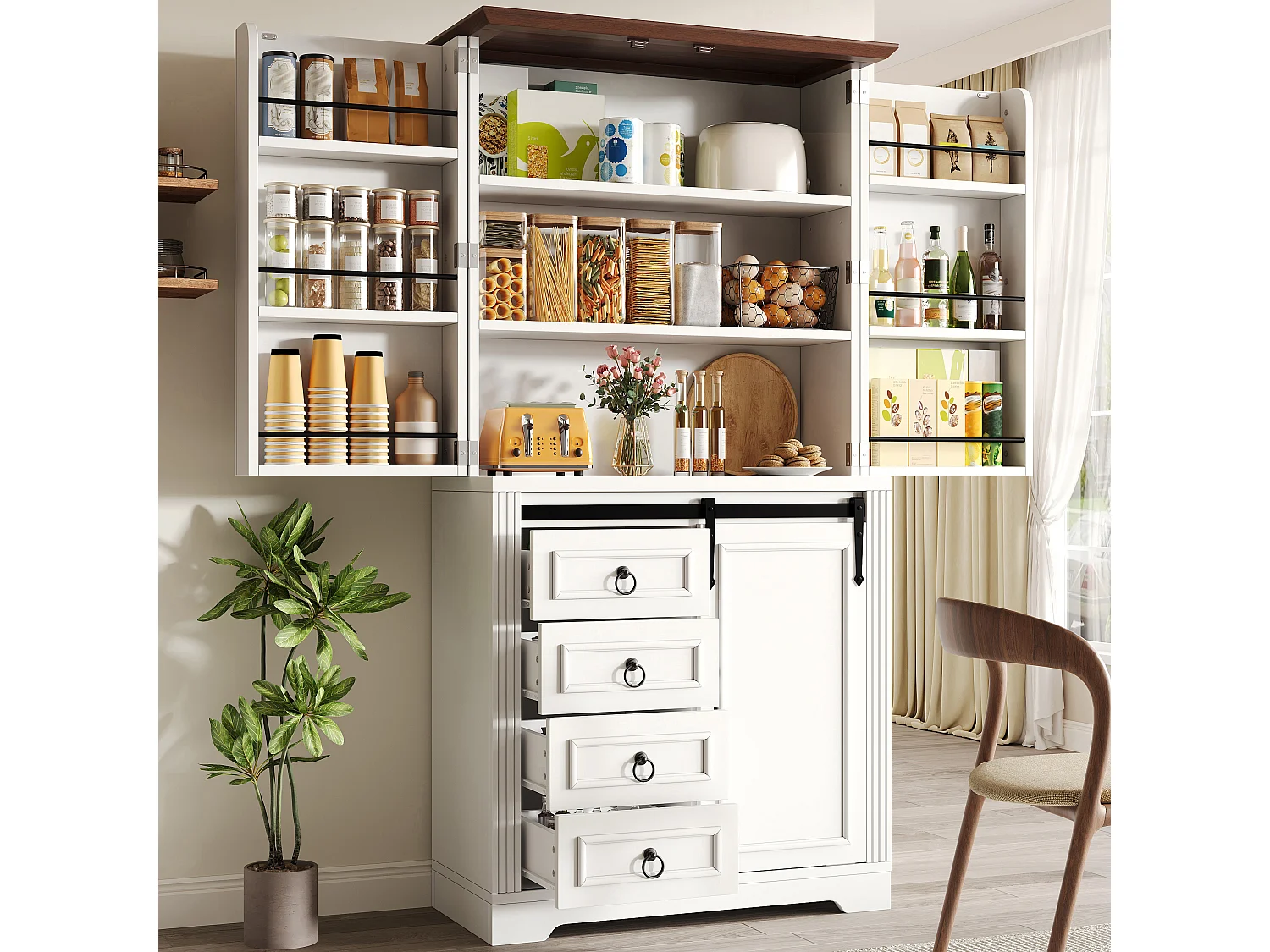 Credenza da cucina 180cm, armadio con 4 cassetti, ripiani regolabili e spazio laterale per snack - bianco