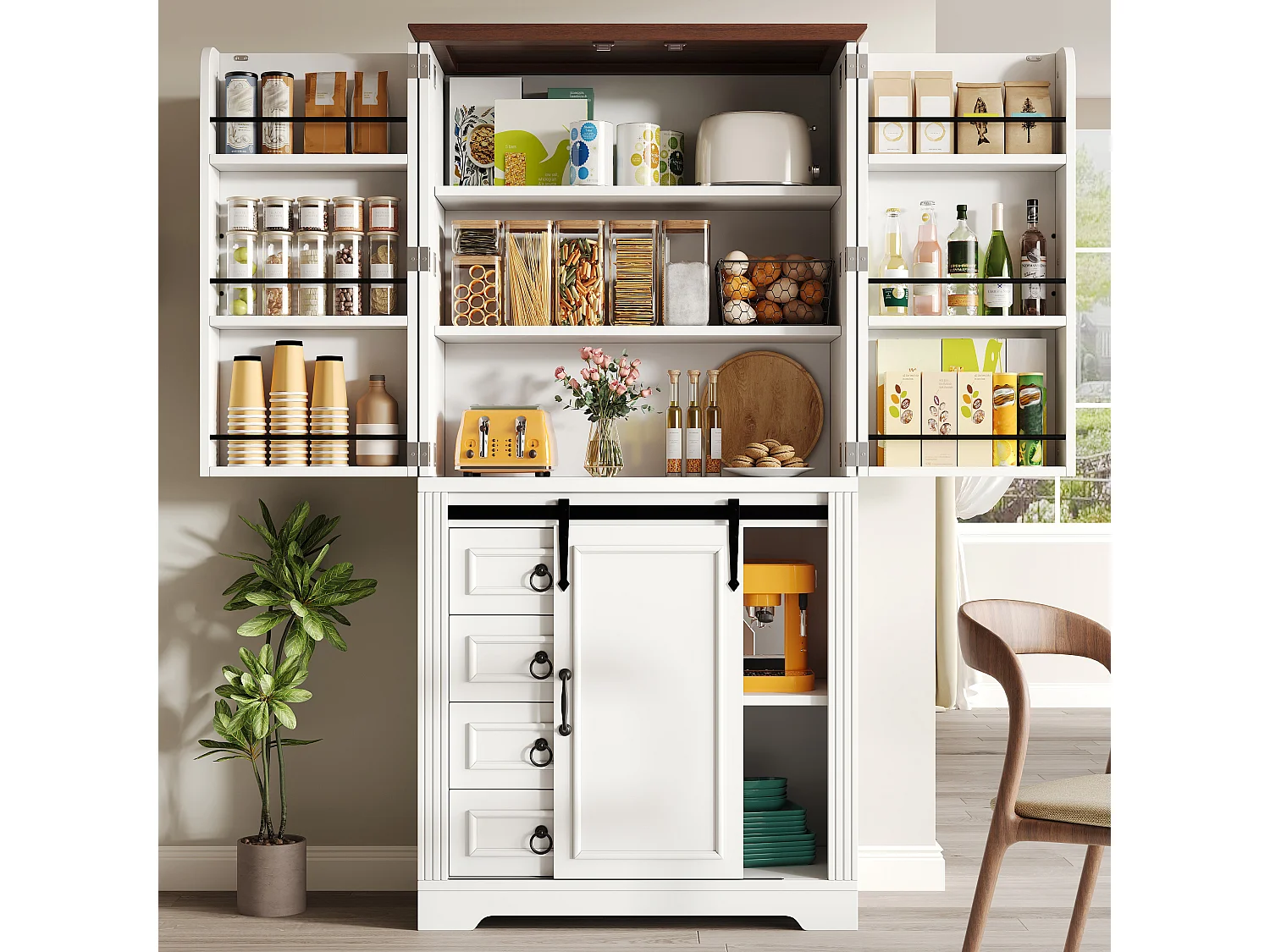 Credenza da cucina 180cm, armadio con 4 cassetti, ripiani regolabili e spazio laterale per snack - bianco