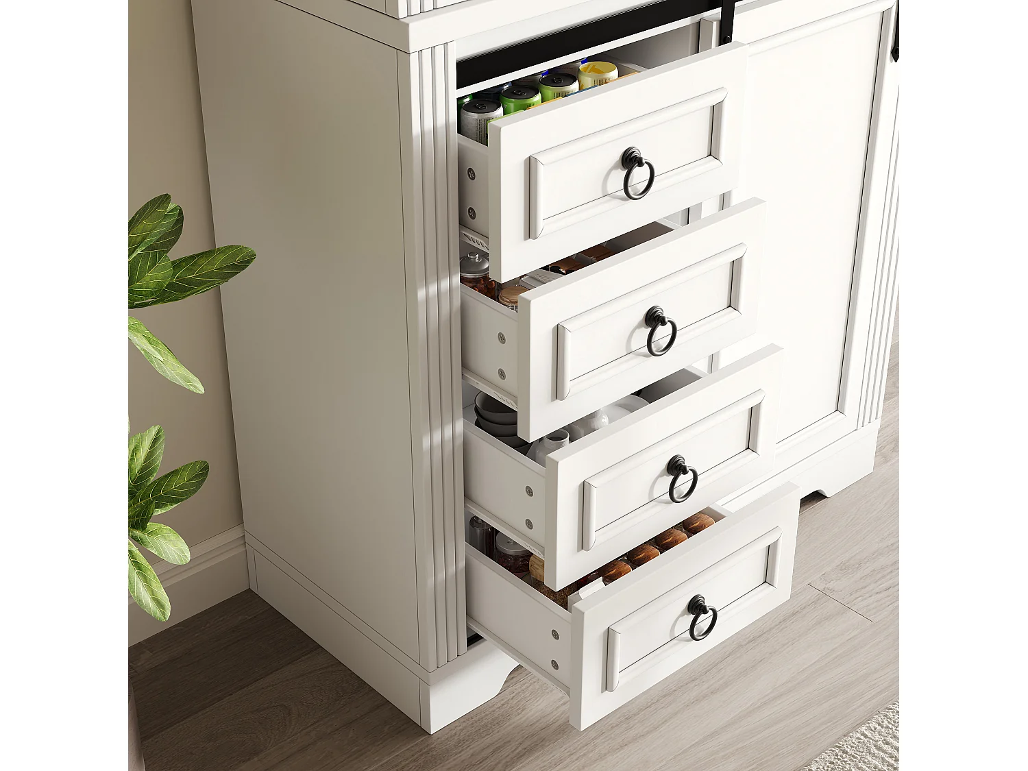 Credenza da cucina 180cm, armadio con 4 cassetti, ripiani regolabili e spazio laterale per snack - bianco