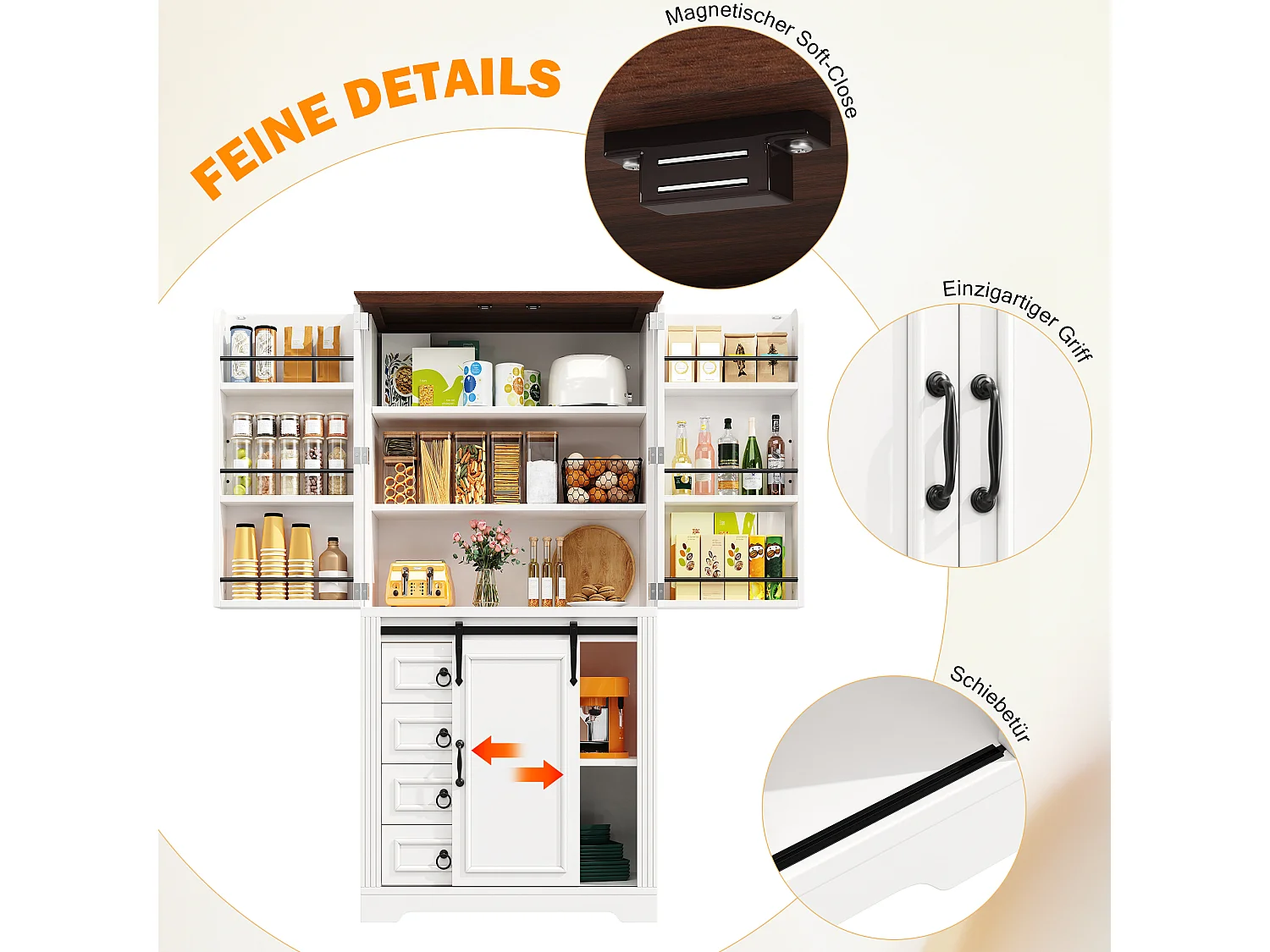 Credenza da cucina 180cm, armadio con 4 cassetti, ripiani regolabili e spazio laterale per snack - bianco