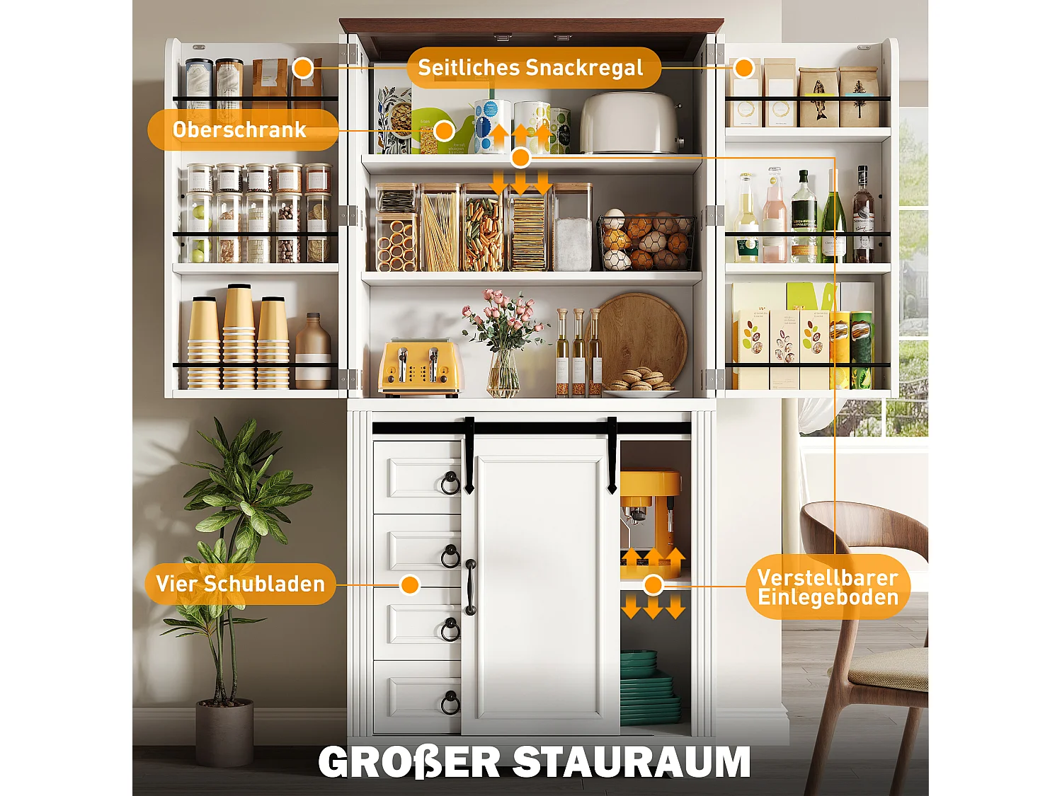 Credenza da cucina 180cm, armadio con 4 cassetti, ripiani regolabili e spazio laterale per snack - bianco