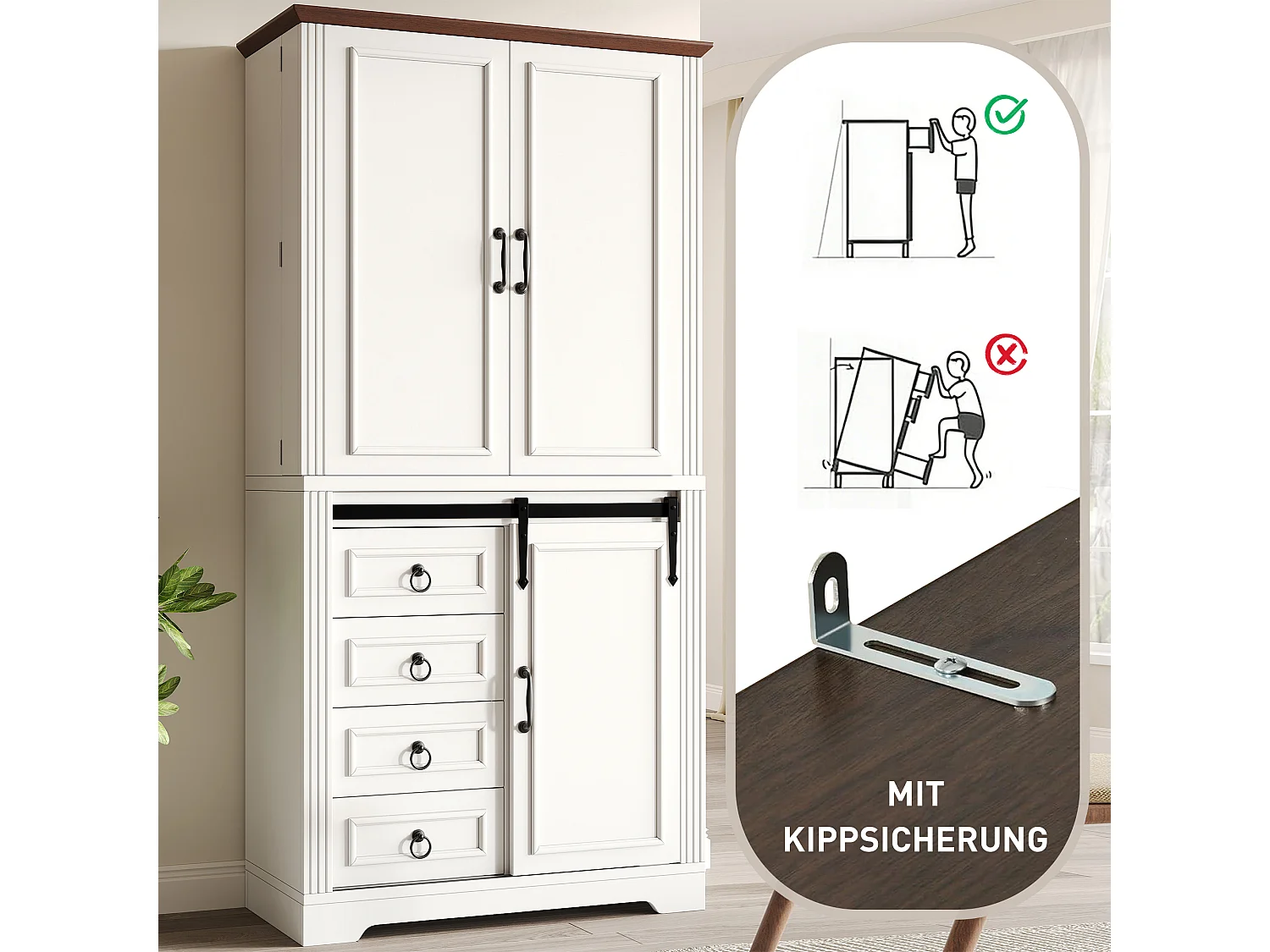 Credenza da cucina 180cm, armadio con 4 cassetti, ripiani regolabili e spazio laterale per snack - bianco