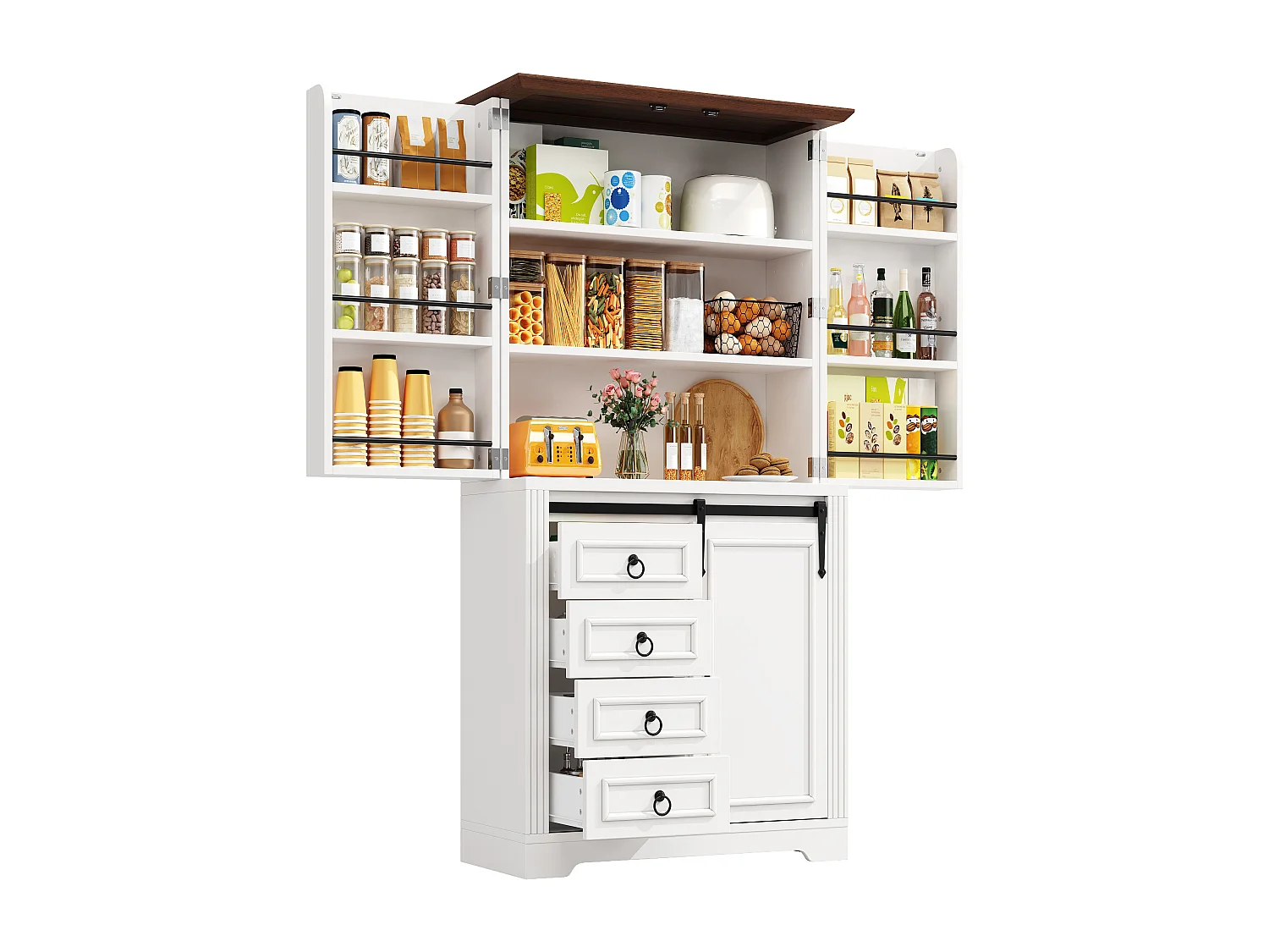 Credenza da cucina 180cm, armadio con 4 cassetti, ripiani regolabili e spazio laterale per snack - bianco