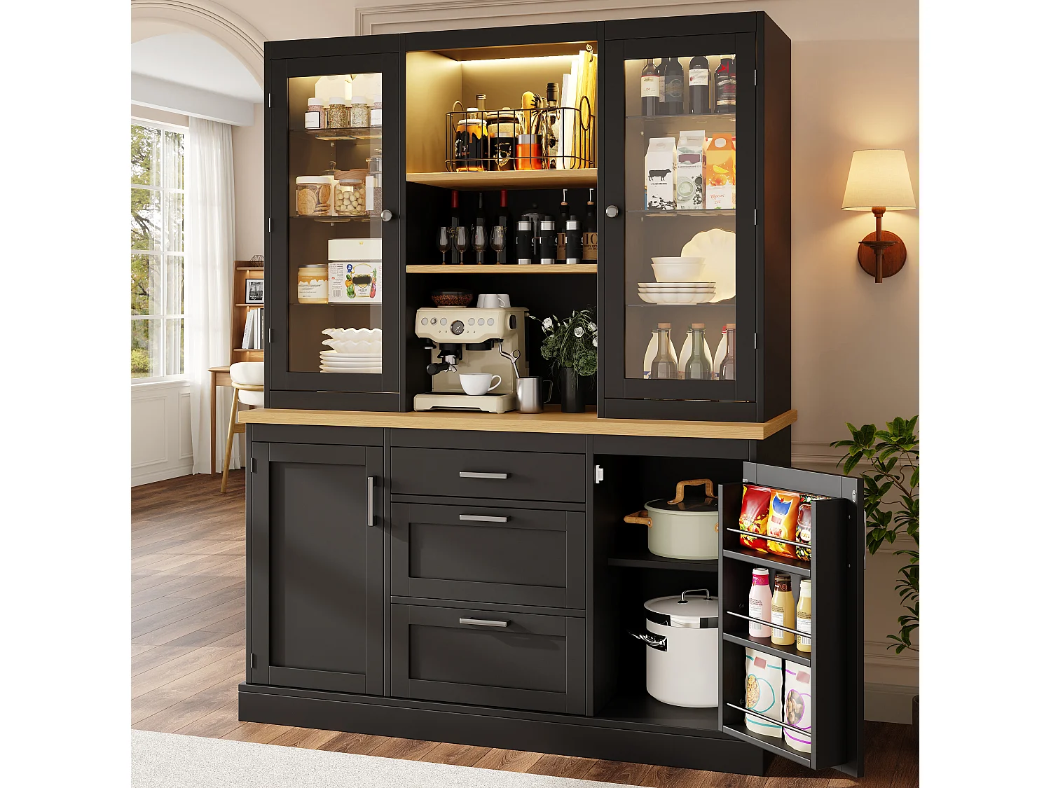 Keukenkast 140x185cm met LED, opbergkast met werkblad, 3 lades en glazen deuren - zwart