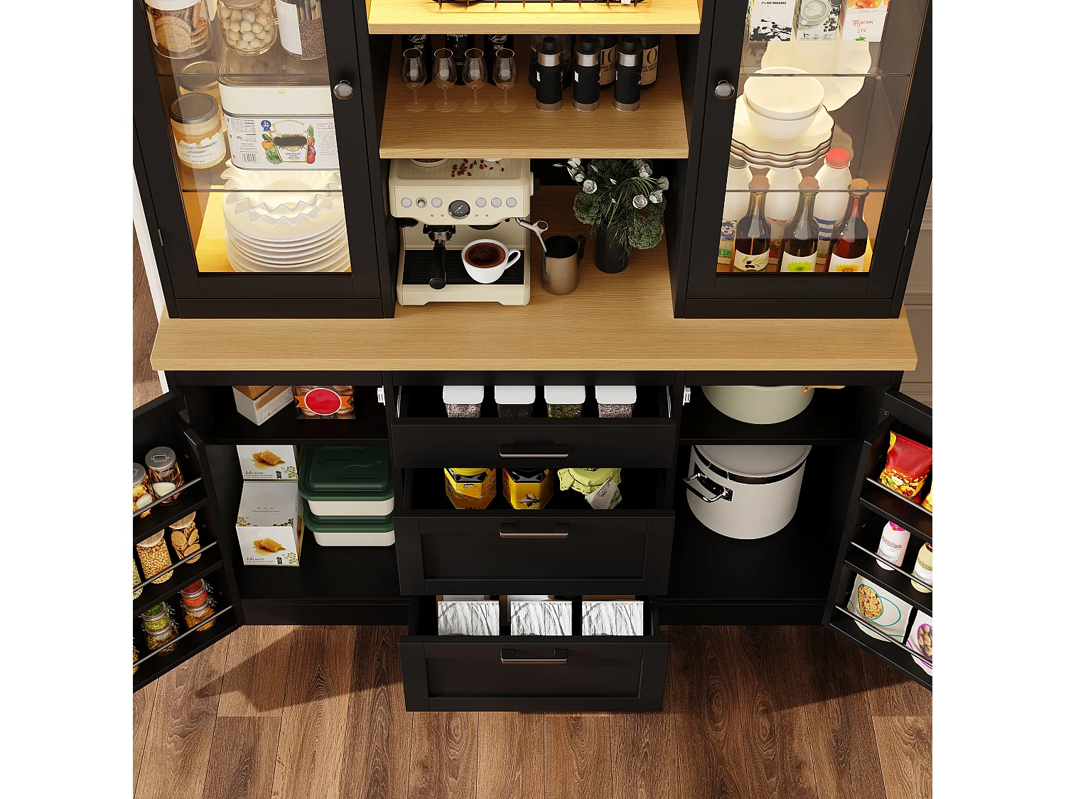 Keukenkast 140x185cm met LED, opbergkast met werkblad, 3 lades en glazen deuren - zwart