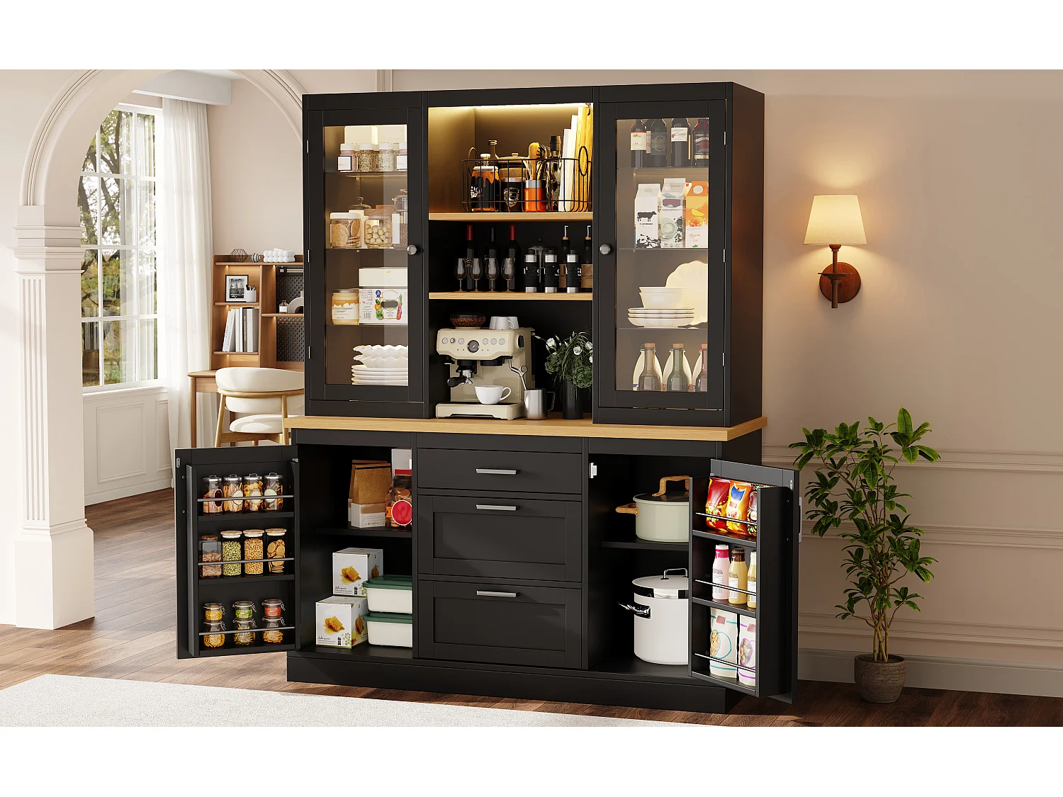 Keukenkast 140x185cm met LED, opbergkast met werkblad, 3 lades en glazen deuren - zwart