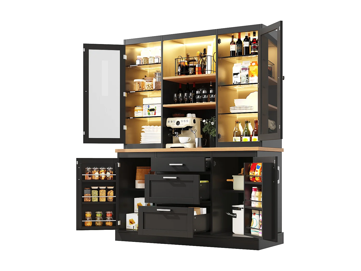 Keukenkast 140x185cm met LED, opbergkast met werkblad, 3 lades en glazen deuren - zwart